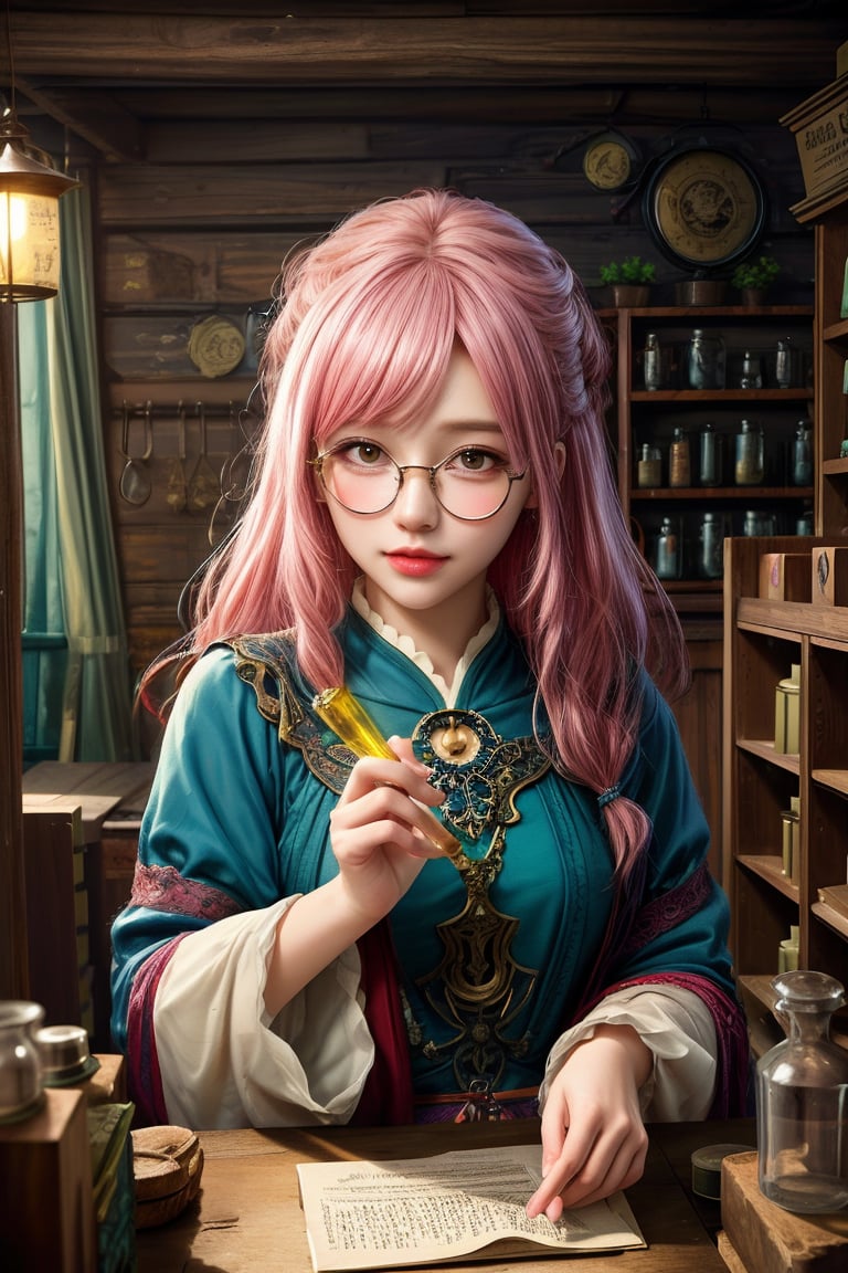 a fantasy magical shop which has a pink haired glasses clumsy girl as shopkeeper. Her store is filled with magic potions, books, papers, magical equipment etc. Her shop is made out of wood and gives the vibe of old shops filled with junk.
A digital painting of a pink-haired girl with glasses, clumsily managing a fantasy magical shop filled with potions, books, papers, and magical equipment. The shop has wooden walls and an old, junk-filled charm. The background features a cozy, cluttered interior with glowing potions and magical artifacts. Created Using: digital painting, warm color palette, detailed textures, dynamic composition, whimsical style, atmospheric lighting, intricate detailing, realistic elements, hd quality, natural look.

HD, 8K, Best Perspective, Best Lighting, Best Composition, Good Posture, High Resolution, High Quality, 4K Render, Highly Denoised, Clear distinction between object and body parts, Masterpiece, Beautiful face, 
Beautiful body, smooth skin, glistening skin, highly detailed background, highly detailed clothes, 
highly detailed face, beautiful eyes, beautiful lips, cute, beautiful scenery, gorgeous, beautiful clothes, best lighting, cinematic , great colors, great lighting, masterpiece, Good body posture, proper posture, correct hands, fantasy_shop, wooden_shop_interior, pink_haired_shopkeeper, clumsy_shopkeeper, glasses, magical world,Mizuki_Lin, 1girl, solo, 