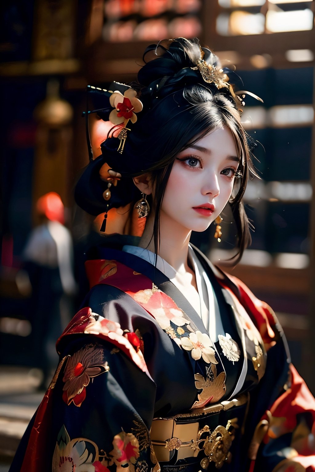 (RAW photo, best quality), (realistic, photo-Realistic:1.3),
stunning courtesan (oiran) in traditional Japanese attire, Gothic style,traditional flower,dark and intricate elements of Gothic aesthetics,Incorporate elements,Victorian-inspired attire, lace details, and dark, ornate accessories,Gothic motifs,The resulting image should encapsulate a unique fusion of beauty, grace, and the darker allure of Gothic aesthetics, creating a captivating representation of a Gothic flower courtesan.,3va