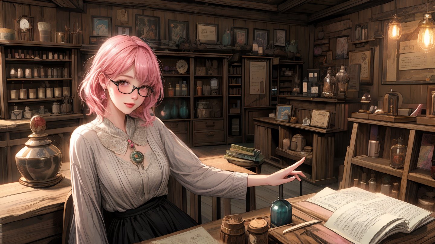 a fantasy magical shop which has a pink haired glasses clumsy girl as shopkeeper. Her store is filled with magic potions, books, papers, magical equipment etc. Her shop is made out of wood and gives the vibe of old shops filled with junk.

A digital painting of a pink-haired girl with glasses, clumsily managing a fantasy magical shop filled with potions, books, papers, and magical equipment. The shop has wooden walls and an old, junk-filled charm. The background features a cozy, cluttered interior with glowing potions and magical artifacts. Created Using: digital painting, warm color palette, detailed textures, dynamic composition, whimsical style, atmospheric lighting, intricate detailing, realistic elements, hd quality, natural look.

HD, 8K, Best Perspective, Best Lighting, Best Composition, Good Posture, High Resolution, High Quality, 4K Render, Highly Denoised, Clear distinction between object and body parts, Masterpiece, Beautiful face, 
Beautiful body, smooth skin, glistening skin, highly detailed background, highly detailed clothes, 
highly detailed face, beautiful eyes, beautiful lips, cute, beautiful scenery, gorgeous, beautiful clothes, best lighting, cinematic , great colors, great lighting, masterpiece, Good body posture, proper posture, correct hands, 
correct fingers, right number of fingers, clear image, face expression should be good, clear face expression, correct face , correct face expression, better hand position, realistic hand position, realistic leg position, no leg deformed, 
perfect posture of legs, beautiful legs, perfectly shaped leg, leg position is perfect, proper hand posture, no hand deformation, no weird palm angle, no unnatural palm posture, no fingers sticking to each other, clear different between fingers of the hand, 

fantasy_shop, wooden_shop_interior, pink_haired_shopkeeper, clumsy_shopkeeper, glasses, magical world, 