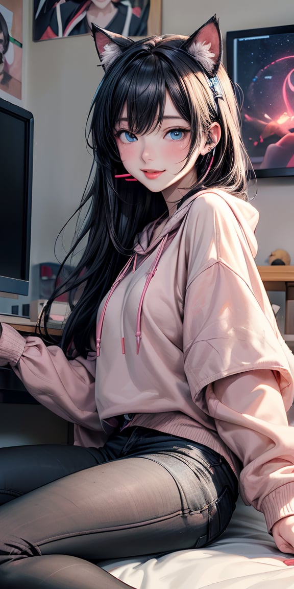 /imagine a beautiful anime girl live streaming from her room, with long black hair, big blue eyes, wearing a pink hoodie and a cute headset with cat ears, sitting in front of a modern computer setup with colorful LED lights, surrounded by plushies and posters on the wall, engaging with her audience, bright and cheerful atmosphere　Hide your skin
