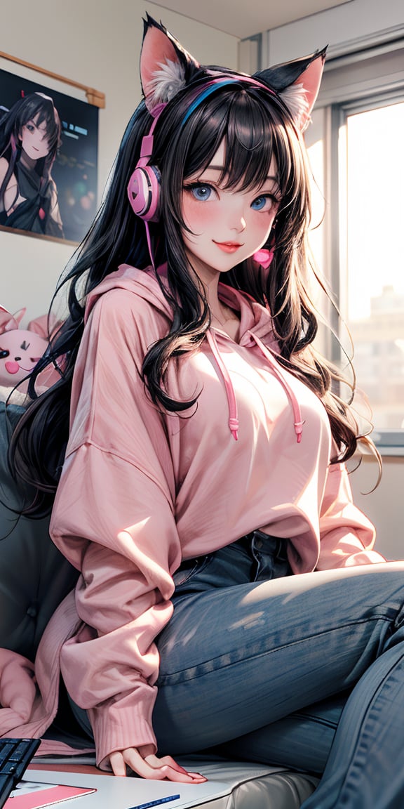 /imagine a beautiful anime girl live streaming from her room, with long black hair, big blue eyes, wearing an oversized pink hoodie and a cute headset with cat ears, sitting in front of a modern computer setup with colorful LED lights, surrounded by plushies and posters on the wall, engaging with her audience, bright and cheerful atmosphere, ((oversized pink hoodie with long hem, unpants)), 　