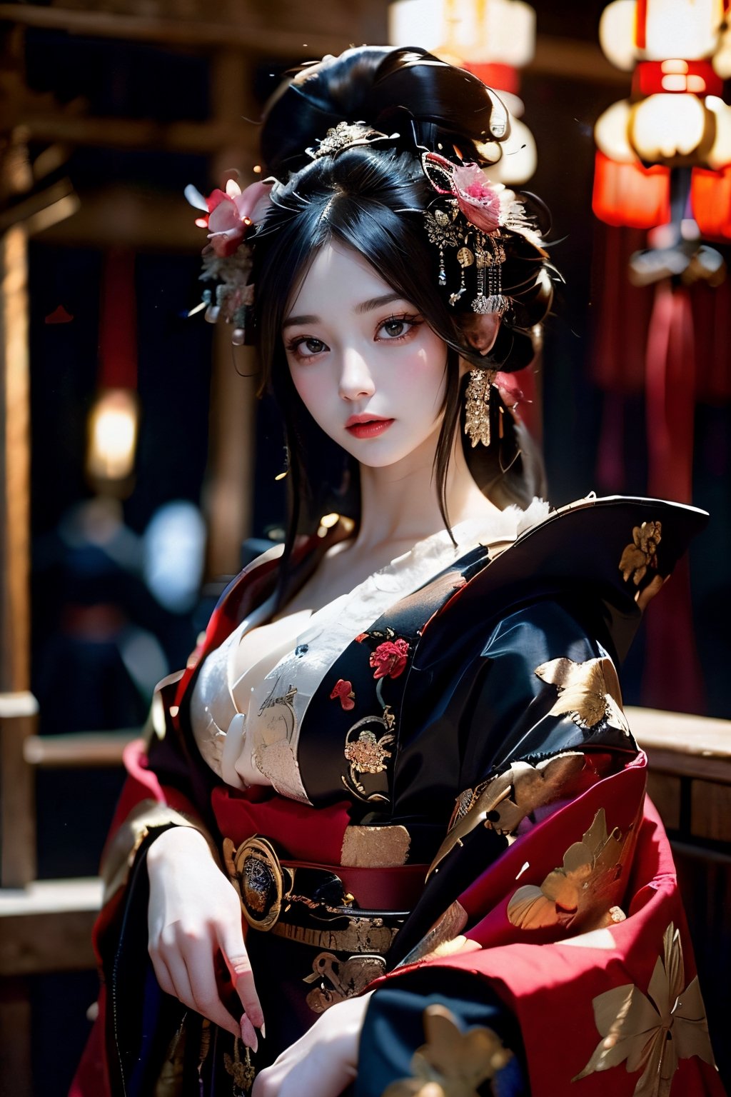 (RAW photo, best quality), (realistic, photo-Realistic:1.3),
stunning courtesan (oiran) in traditional Japanese attire, Gothic style,traditional flower,dark and intricate elements of Gothic aesthetics,Incorporate elements,Victorian-inspired attire, lace details, and dark, ornate accessories,Gothic motifs,The resulting image should encapsulate a unique fusion of beauty, grace, and the darker allure of Gothic aesthetics, creating a captivating representation of a Gothic flower courtesan.,3va