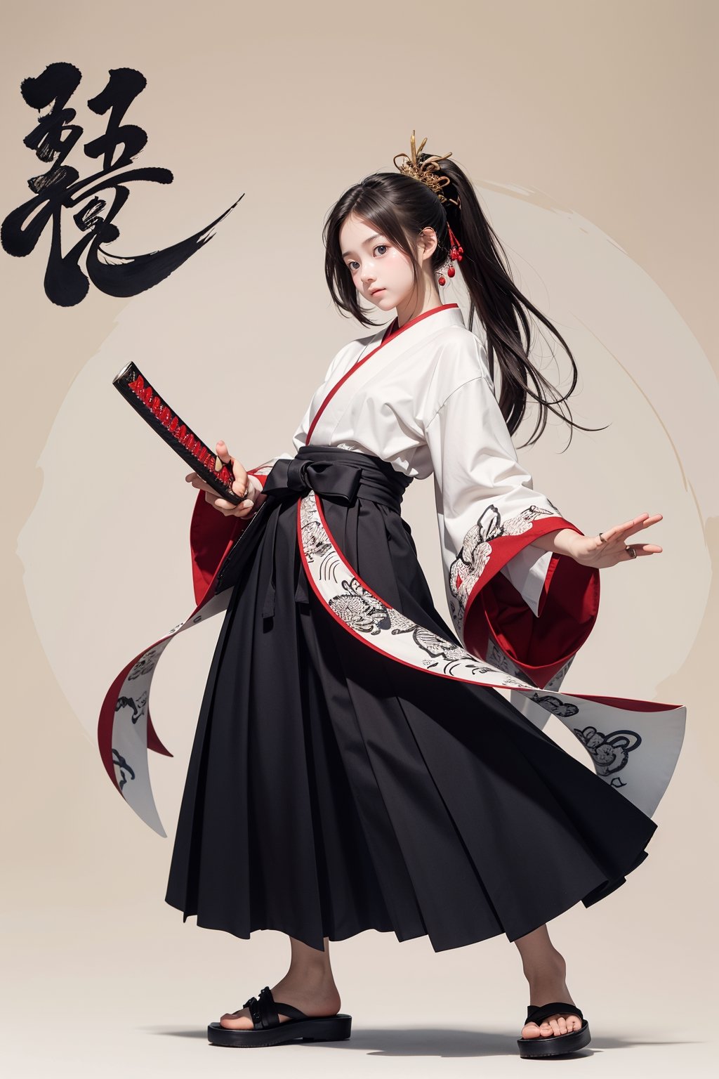 flat color,very aesthetic,intricate,best quality,amazing quality,extremely hyghres resolution,ultra-detailed,intricate detailed face and eyes,intricate line,delicate drawing,1girl, solo, skirt, black hair, hair ornament, 1boy, full body, ponytail, weapon, male focus, japanese clothes, sword, wide sleeves, kimono, sandals, katana, sheath, hakama, hakama skirt, geta, dragon, ootachi,BREAK,(calligraphy patterns), (artistic lettering, beautiful scripts), (penmanship), (visual poetry), (cultural expression), (Chinese characters:1.3),(decorative writing),(Ink wash painting Yakuza background:1.3),(expressive lettering, lettering art:1.4)