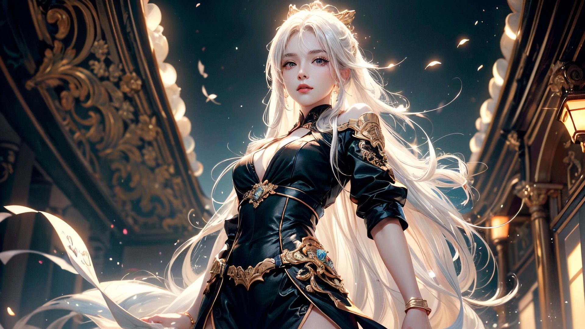 close-up of a woman with white hair, Belle peinture de personnage,Guviz,Guviz-style artwork,Yang J,Epic and beautiful character art,Stunning character art,FAN Qi,Wu Zhun Shifan,Guvitz at the Pixiv Art Station,China-style,Women's three-piece,1 girl,perfect light, (cowboy shot:1.3, from below:1.2)