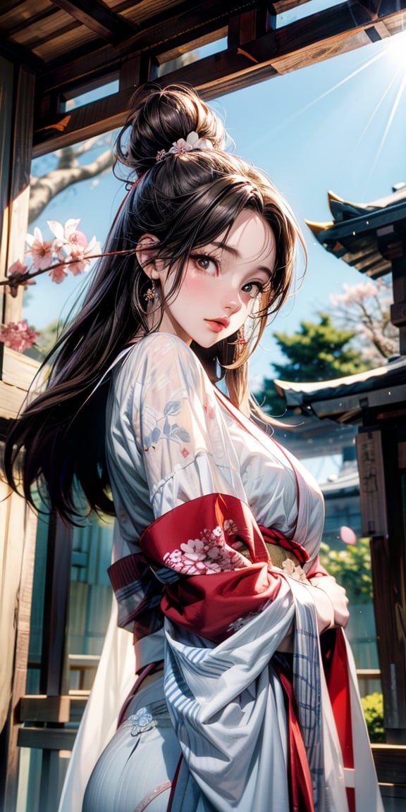 ((animestyle, digitalart, 4k)), (rich colors), ((film grain)), (sun light), ((japanese temple background)), (sakura blossom),(lighting on sky) forest nearby, (wind with sakura flowers), ((model shot)),(((1girl/))), ((shenhe)), ,((hot body)),(white robe, flower pattern),  quiet atmo, ,shenhe2,close up,Mizuki_Lin, upper body, from below