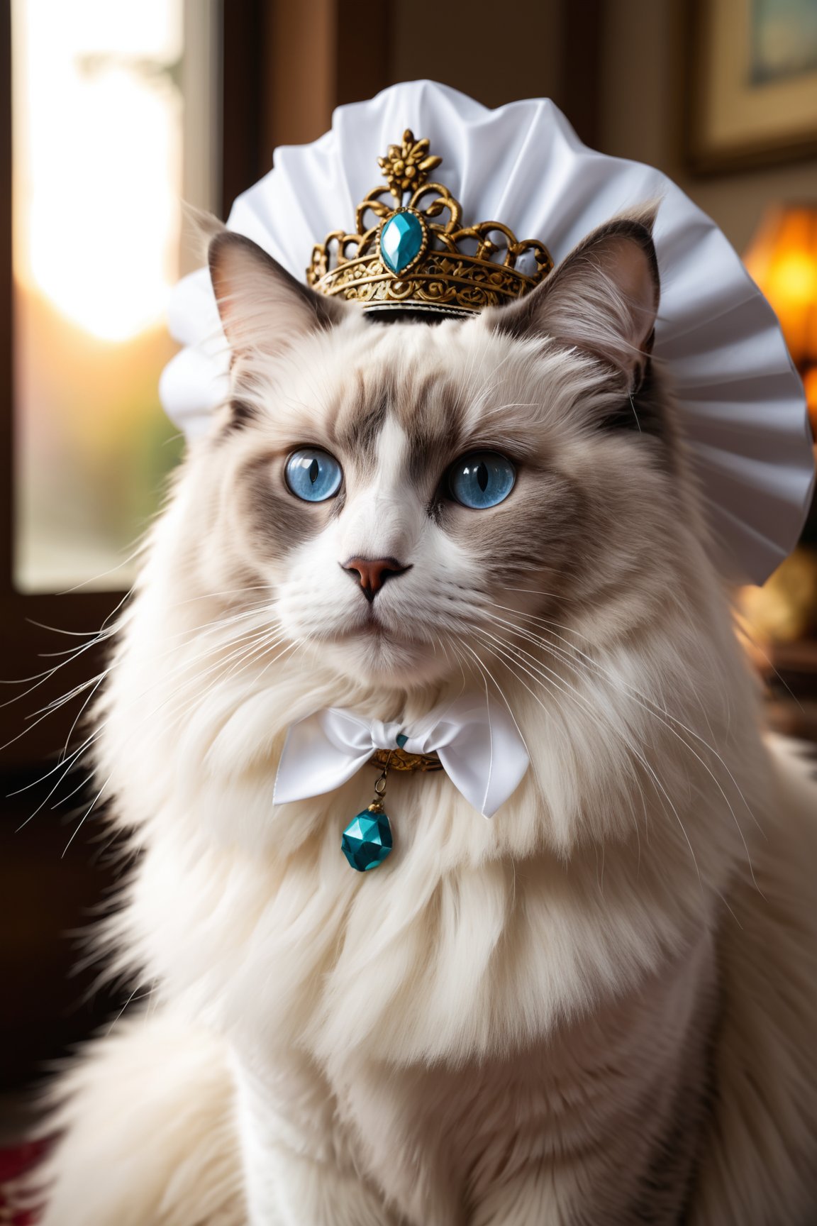 A Ragdoll cat wearing,Colorpoint Ragdoll,maid headdress,highly detailed, photorealistic, vibrant, immersive, fantasy setting,indoors,natural light,well-lit,dusk,Vintage filter