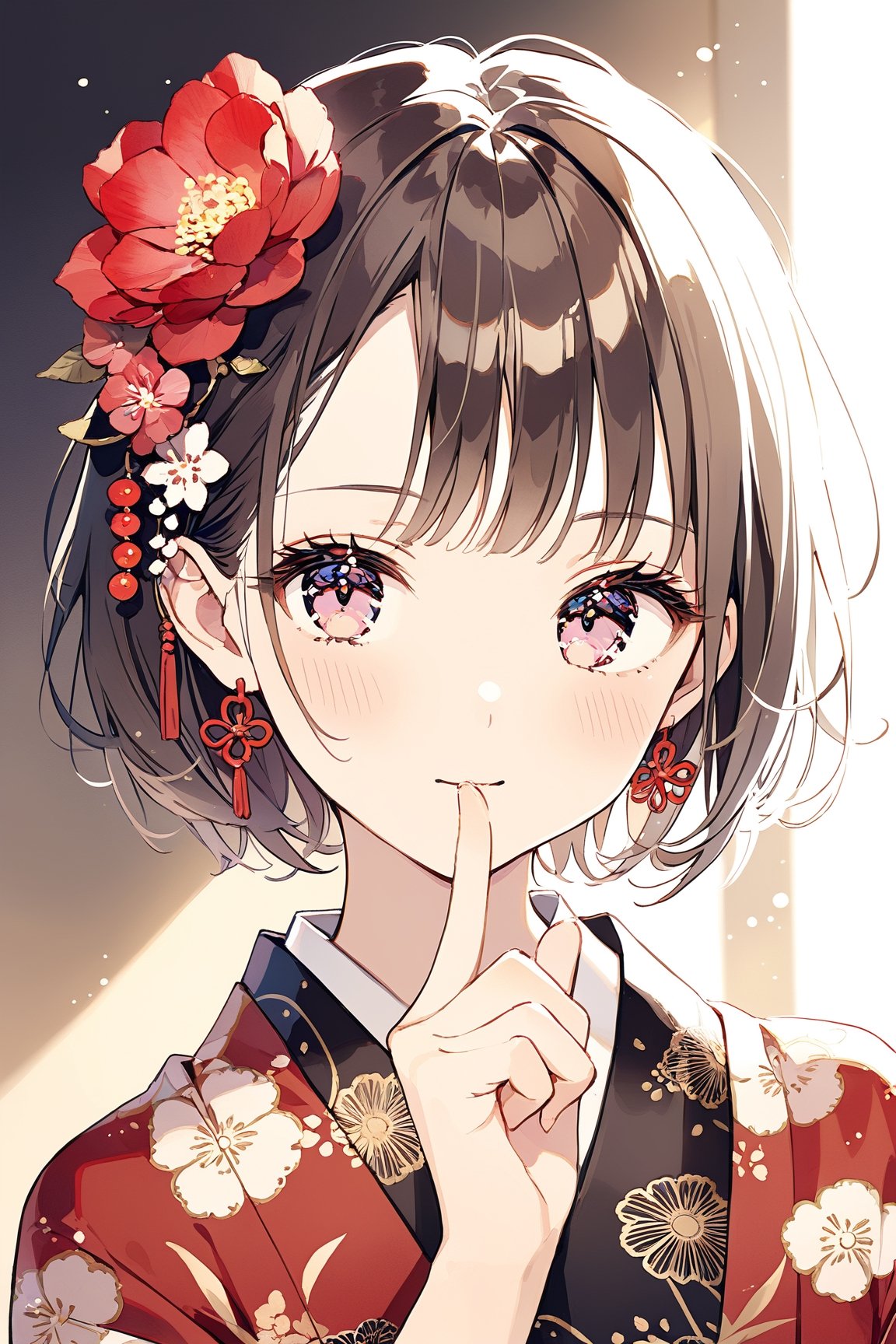 a cute girl,dark brown short hair BREAK red flower hair ornament BREAK red kimono,striking a pose with index finger on the chin, indicating confidence or feeling suave,:d,natural light,dangle earrings,flower hairpin,blush,Mid-shot,masterpiece, best quality, aethetic,（head tilt：1.2）