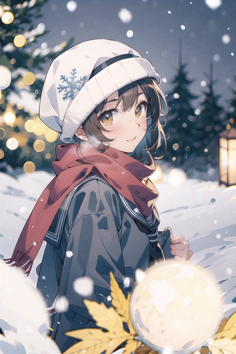 masterpiece,extremely detailed,A lovely girl,light （brown_longhair：1.4）,brown_bright eyes,Gentle expression,black_jkseifuku,Black_headband,red_scarf,snow,Falling snowflakes,winter,（Warm light：1.4）,（Warm tones：1.4）,:),（depth of field：1.6）,200mm,f/2,depth of field,evening,（night：1.8）,shadow,Highlight the characters,（christmas：1.8）