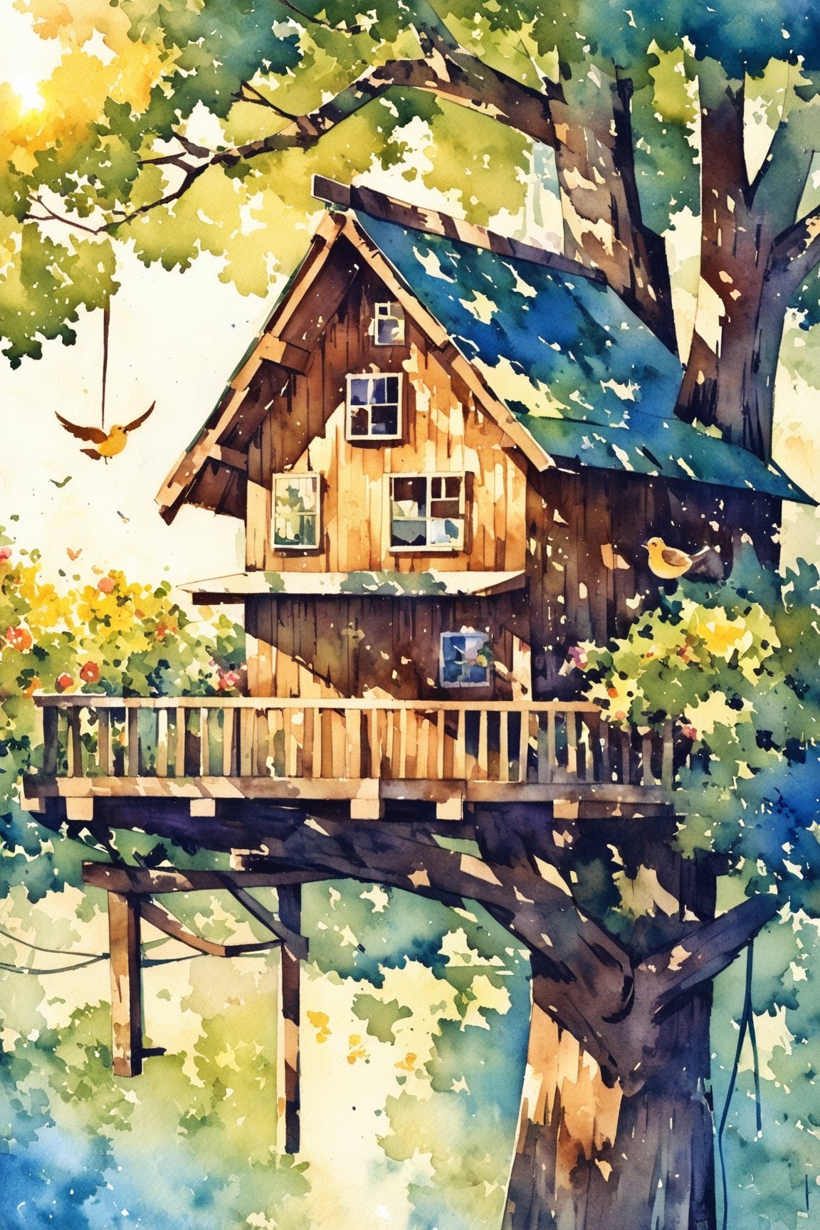 A wooden house in a tree,The sun is shining,Flowers,bird,watercolor (medium),glow,watercolor \(medium\)