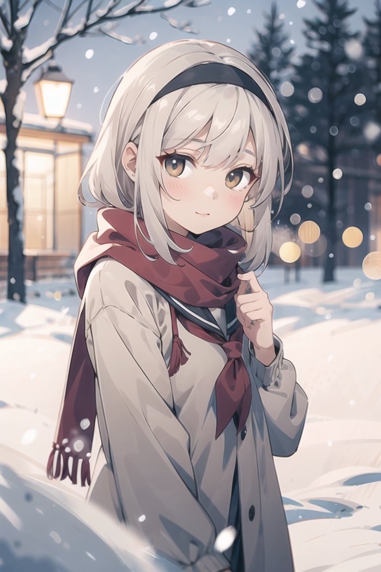 masterpiece,A lovely girl,light brown_longhair,brown_bright eyes,Gentle expression,black_jkseifuku,Black_headband,red_scarf,snow,Falling snowflakes,winter,（Warm light：1.4）,（Warm tones：1.4）,:),（depth of field：1.6）,200mm,f/2,depth of field,evening,（night：1.8）,shadow,Highlight the characters