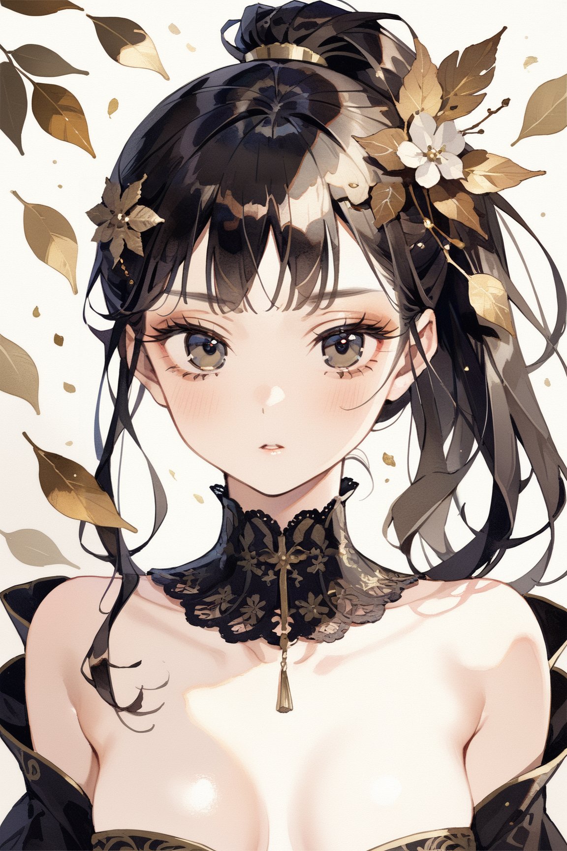 masterpiece, best quality, aesthetic,a sexy woman,((black lang hair)),hair ornament,straight eyebrows,brown-toned makeup,brown makeup look,thick bangs,ponytail holder,fringe,narrow eyes,(golden leaf:0.6)