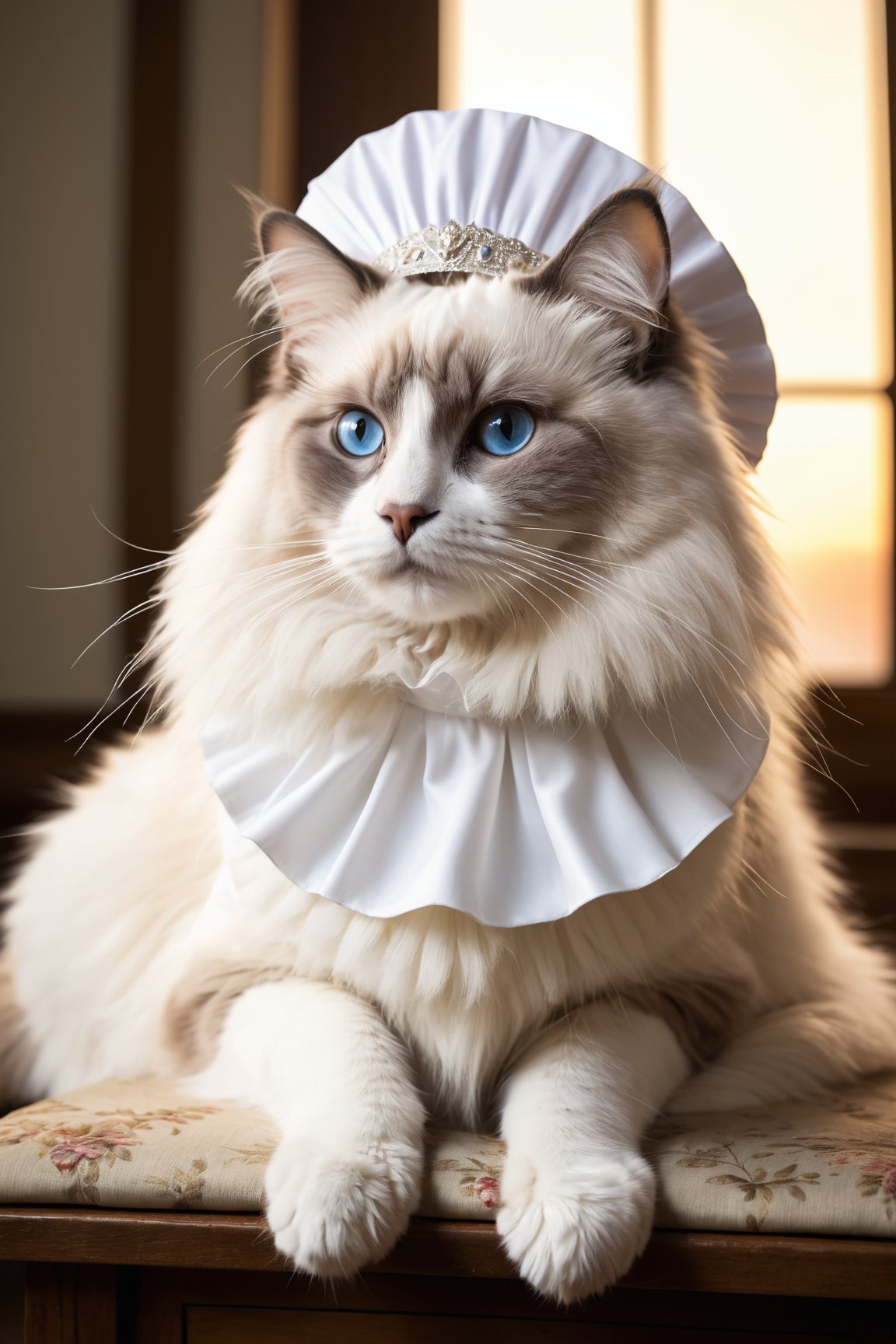 A Ragdoll cat wearing,Colorpoint Ragdoll,maid headdress,highly detailed, photorealistic, vibrant, immersive, fantasy setting,indoors,natural light,well-lit,dusk,Vintage filter