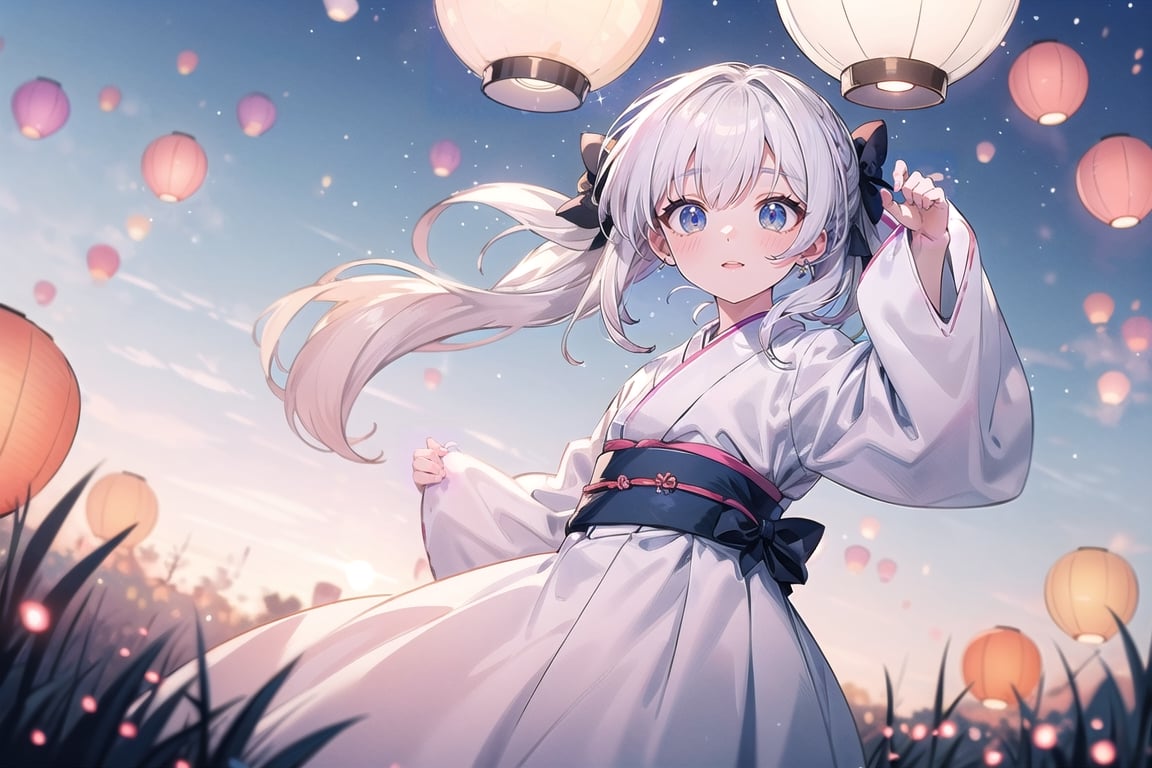 masterpiece,High resolution,Pretty girl,（Pale pink twintails1.2）,Black bow headband,Thin eyebrows,light blue eyes,（celebration kimono：1.4）,Long skirts,Touched smile,Facial flushing,Review,（night：1.6）,sky lantern,Color Booster,vanishing point,distant view,lens flare,depth of field