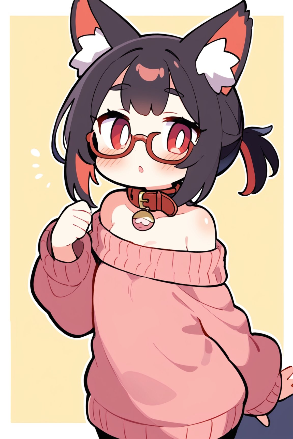 masterpiece, best quality,pokemon \(Mew)\,Tekeli,black fox ears,animal ear fluff,black fox tail,black hair,red inner hair,short ponytail,sidelocks,(red eyes:1.3),red_glasses,fashion,cat_collar,blush,off-shoulder sweater,flat chest,otoko no ko,white border,pokemon \(Mew)\