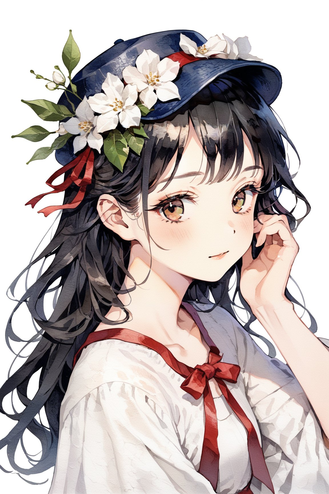 masterpiece, best quality, aesthetic,a gentle woman,((black lang hair)),amber eyes,hair tie,ribbon-trimmed headwear,hair strand,jasmine flower,impasto style,looking at viewer,traditional media,hand in own hair,vector,illustration