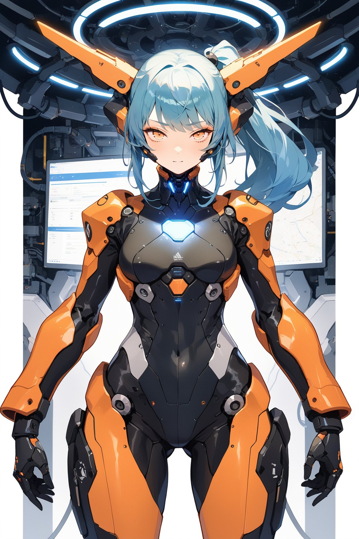 A female mecha pilot,black and orange Tight-fitting pilot suit,blue Ponytail,blue hair,,Thick bangs,Socket,Neural interface,Visual information,Initiate,masterpiece, best quality, aesthetic,glow,LED strip,EL