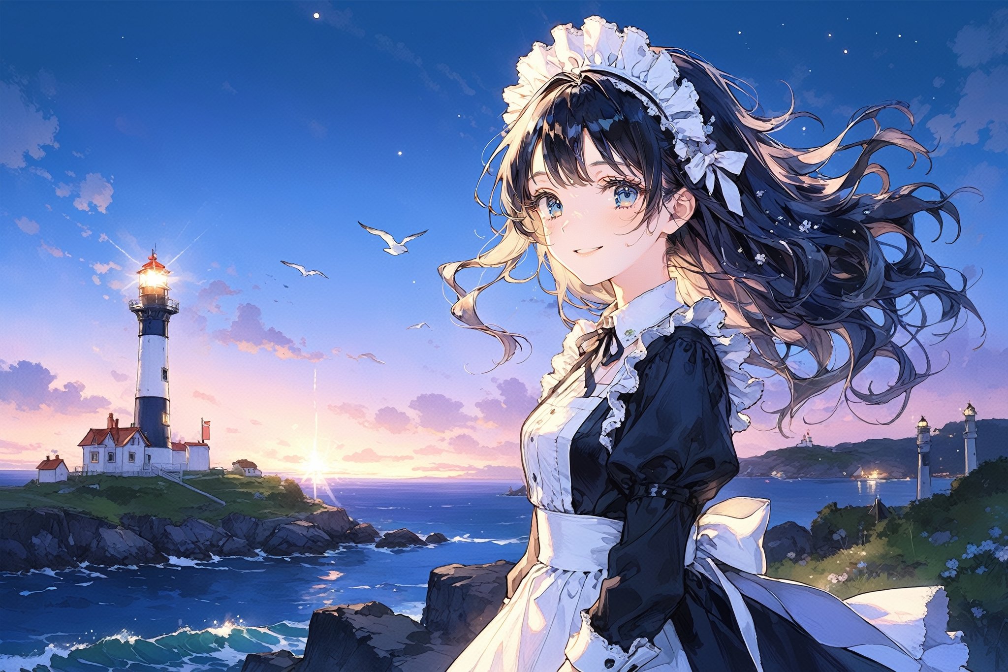 masterpiece, best quality, aesthetic,A mature girl,blue eyes, clear sparkling deep eyes,illustration,black long hair,maid headdress,flower,:>,scenery,lighthouse,evening,Illuminate the darkness,looking at viewer,gentle smile,scenery