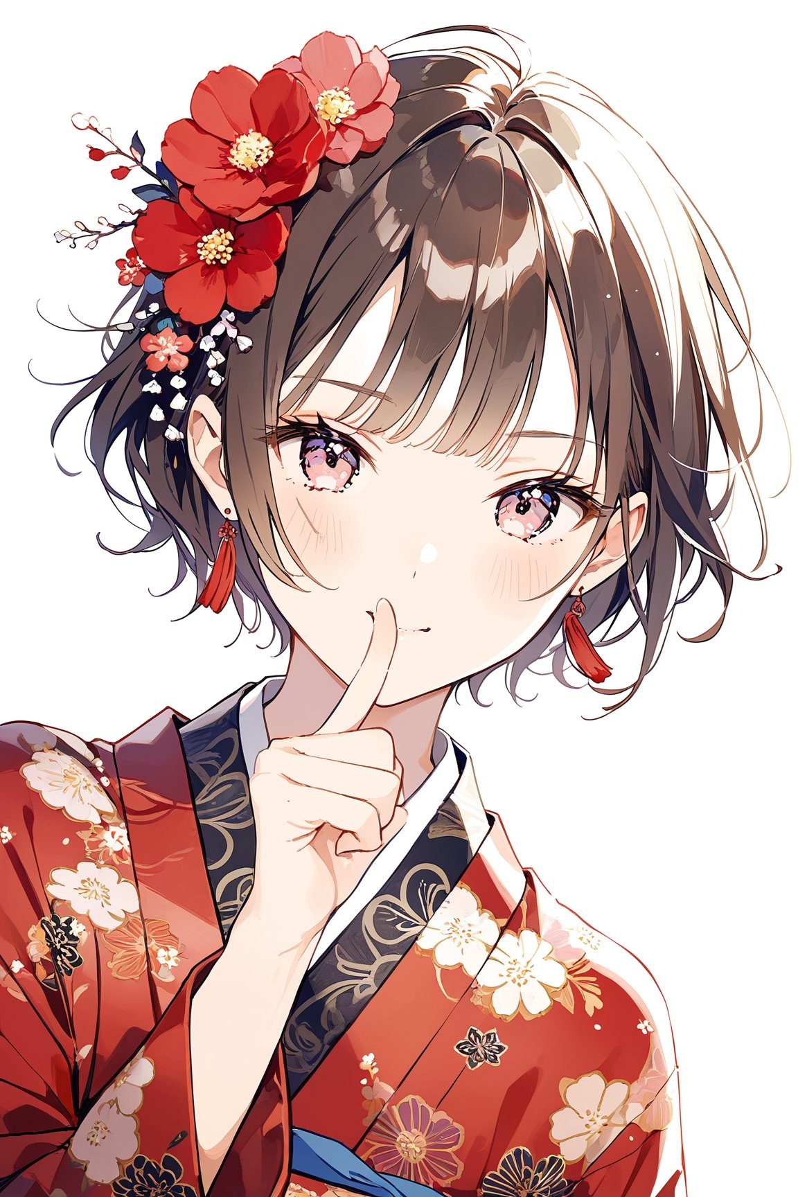 a cute girl,dark brown short hair BREAK red flower hair ornament BREAK red kimono,striking a pose with index finger on the chin, indicating confidence or feeling suave,:d,natural light,dangle earrings,flower hairpin,blush,Mid-shot,masterpiece, best quality, aethetic,（head tilt：1.2）