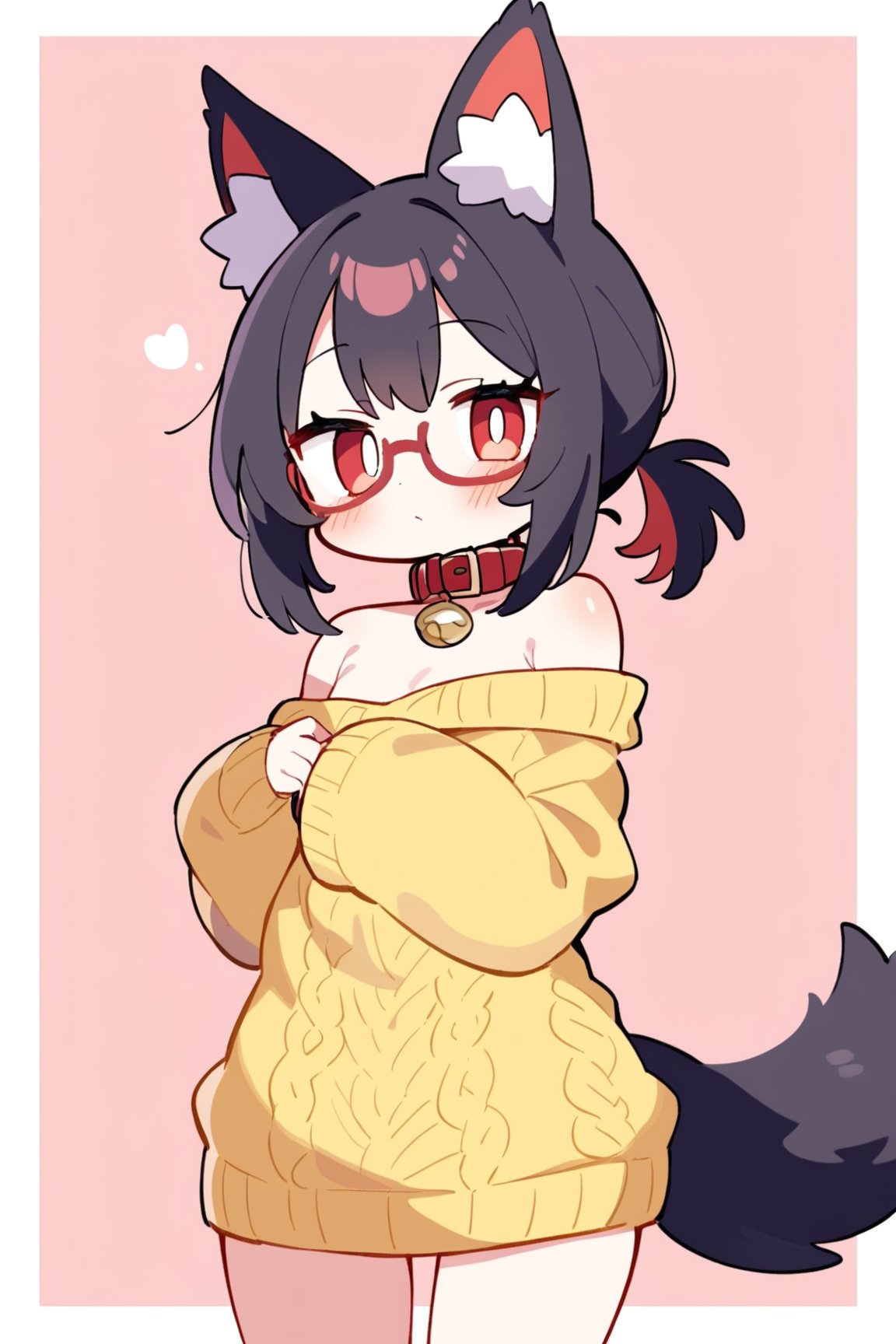 masterpiece, best quality,pokemon \(Mew)\,Tekeli,black fox ears,animal ear fluff,black fox tail,black hair,red inner hair,short ponytail,sidelocks,(red eyes:1.3),red_glasses,fashion,cat_collar,blush,off-shoulder sweater,flat chest,otoko no ko,white border,pokemon \(Mew)\