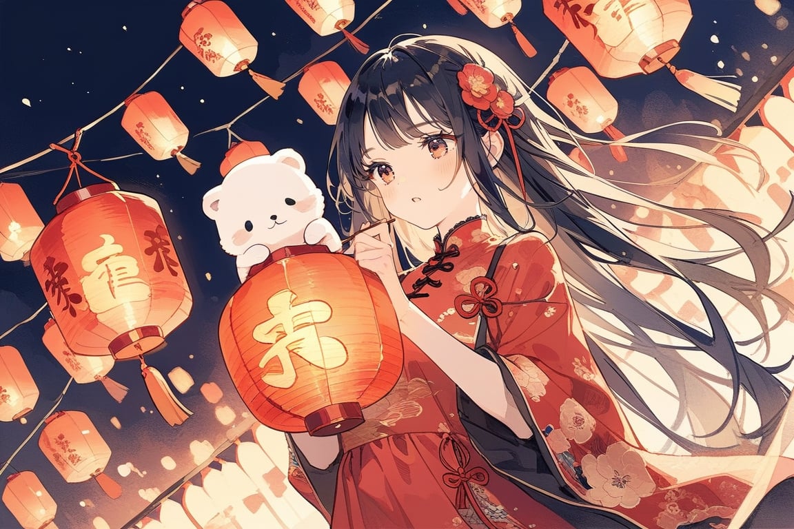 masterpiece, best quality, aesthetic,1girl,black straight hair BREAK red china dress,Holding the Fu character,Chinese knot,lantern
,close-up,:),night,Spring Festival