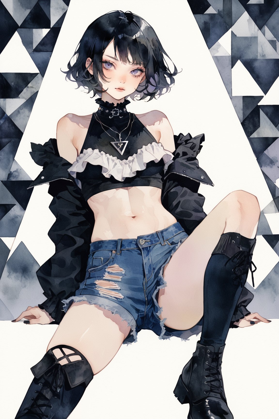 a goth girl,solo,bob haircut,black hair,fit physique,toned,doyagao,off shoulder top,high collar,frilled,thighhighs,torn denim shorts,boots,gesture,masterpiece, best quality, aesthetic,looking at viewer,triangle sports Background,pop aesthetic,necklace