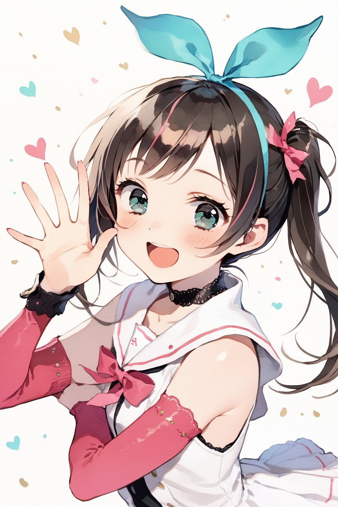 masterpiece, best quality, aesthetic,1girl,solo,((Kizuna AI)),brown hair,pink hair band,aqua_eyes ,arm warmers,laughing