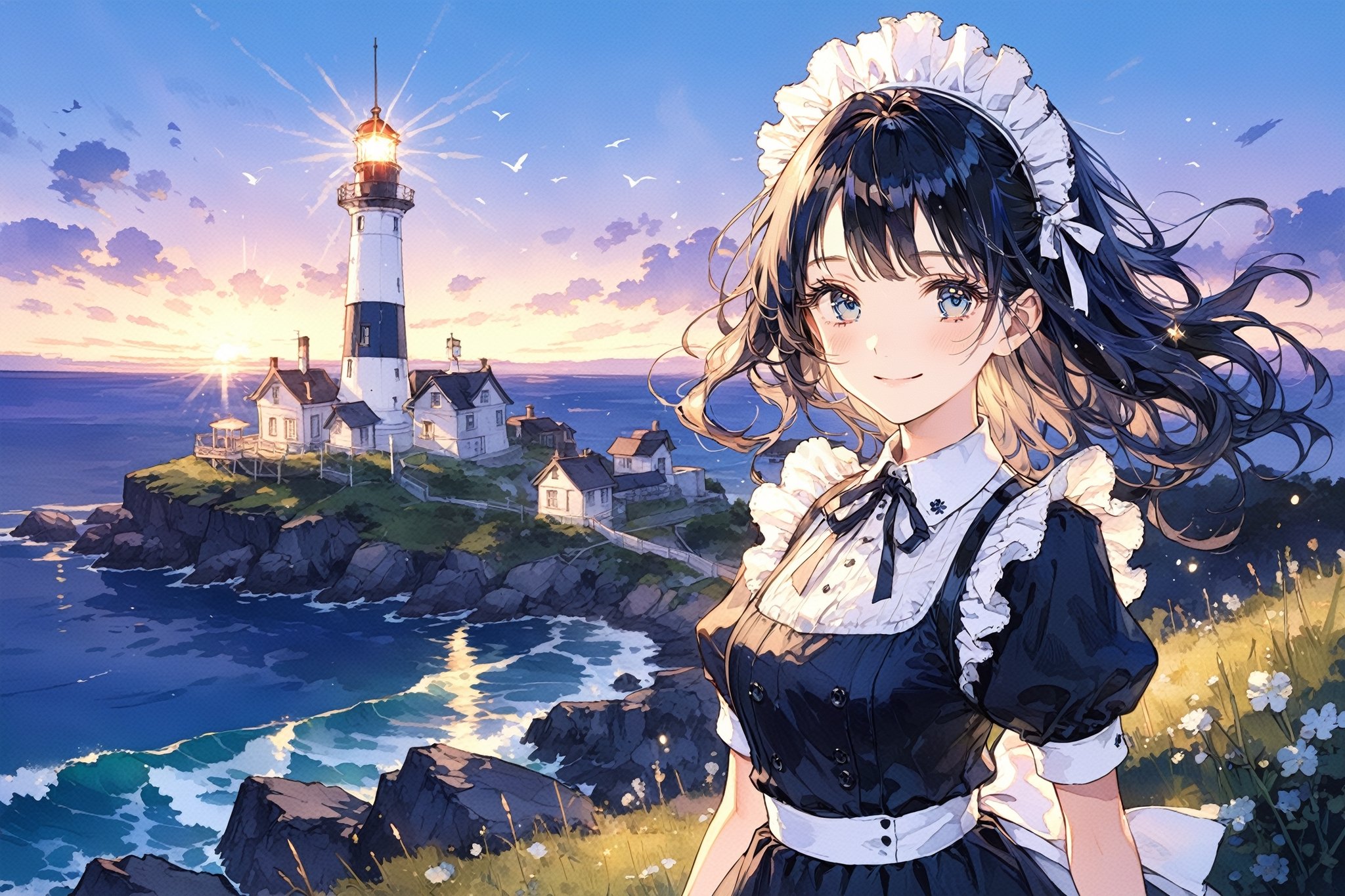 masterpiece, best quality, aesthetic,A mature girl,blue eyes, clear sparkling deep eyes,illustration,black long hair,maid headdress,flower,:>,scenery,lighthouse,evening,Illuminate the darkness,looking at viewer,gentle smile,scenery