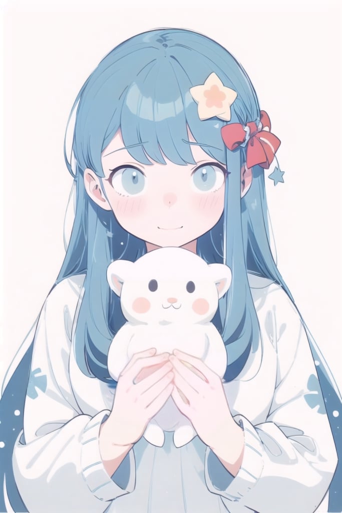 (cute illustration:1.4),(fuwafuwa illustration:1.3),masterpiece,a cute girl,Pale blue and white_long hair,christmas,christmas hair ornament,（Holding glowing stars in both hands：1.6）,better_hands