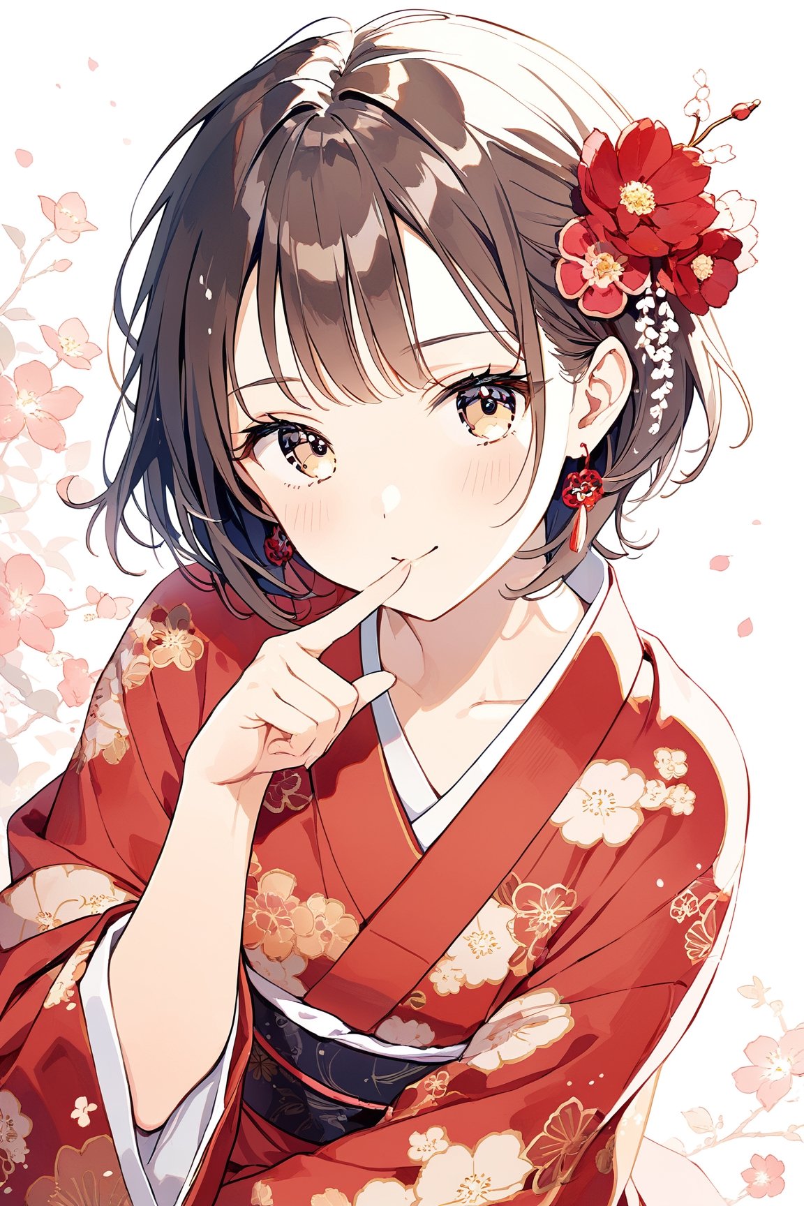 a cute girl,dark brown short hair BREAK red flower hair ornament BREAK red kimono,striking a pose with index finger on the chin, indicating confidence or feeling suave,:d,natural light,dangle earrings,flower hairpin,blush,Mid-shot,masterpiece, best quality, aethetic,（head tilt：1.2）