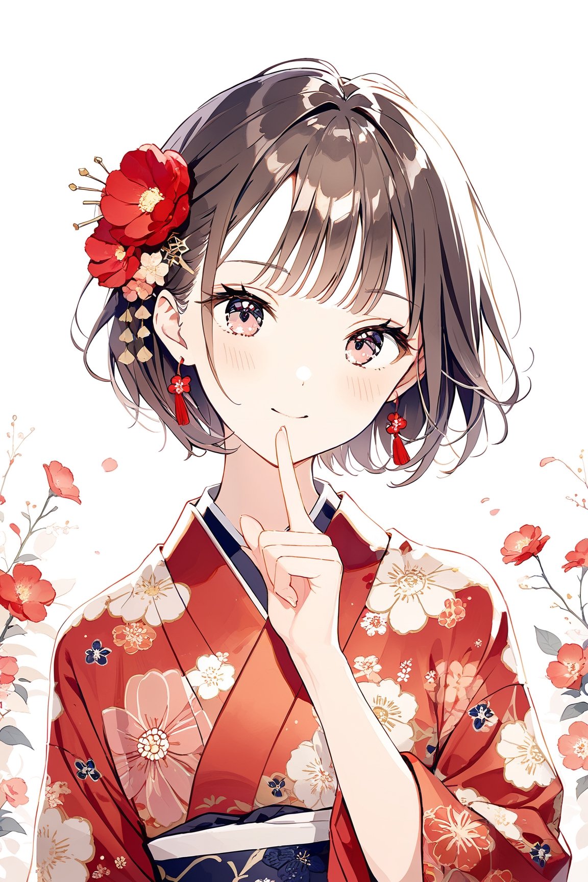 a cute girl,dark brown short hair BREAK red flower hair ornament BREAK red kimono,striking a pose with index finger on the chin, indicating confidence or feeling suave,:d,natural light,dangle earrings,flower hairpin,blush,Mid-shot,masterpiece, best quality, aethetic,（head tilt：1.2）