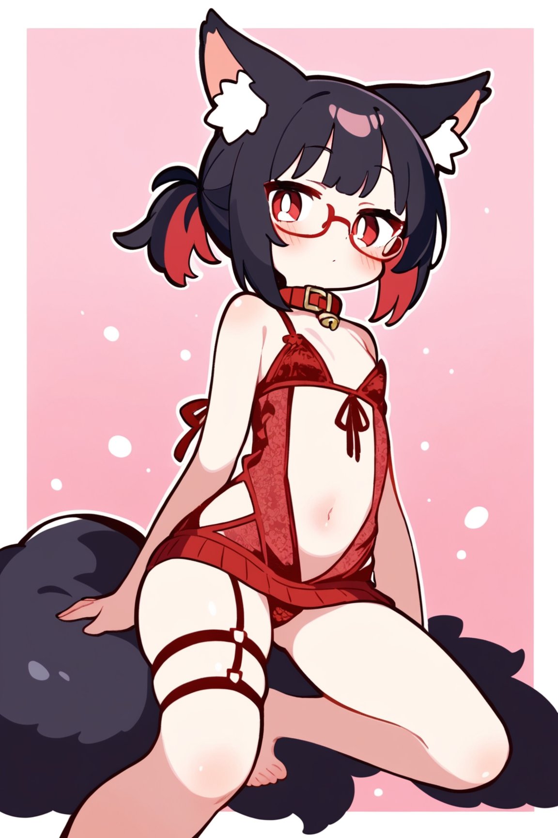 masterpiece, best quality,1girl,solo,Tekeli,black fox ears,animal ear fluff,black fox tail,black hair,red inner hair,short ponytail,sidelocks,(red eyes:1.3),red_glasses,fashion,cat_collar,blush,virgin killer lingerie,stirrup leggings,legwear garter,foot focus,off-shoulder sweater,flat chest,otoko no ko,white border