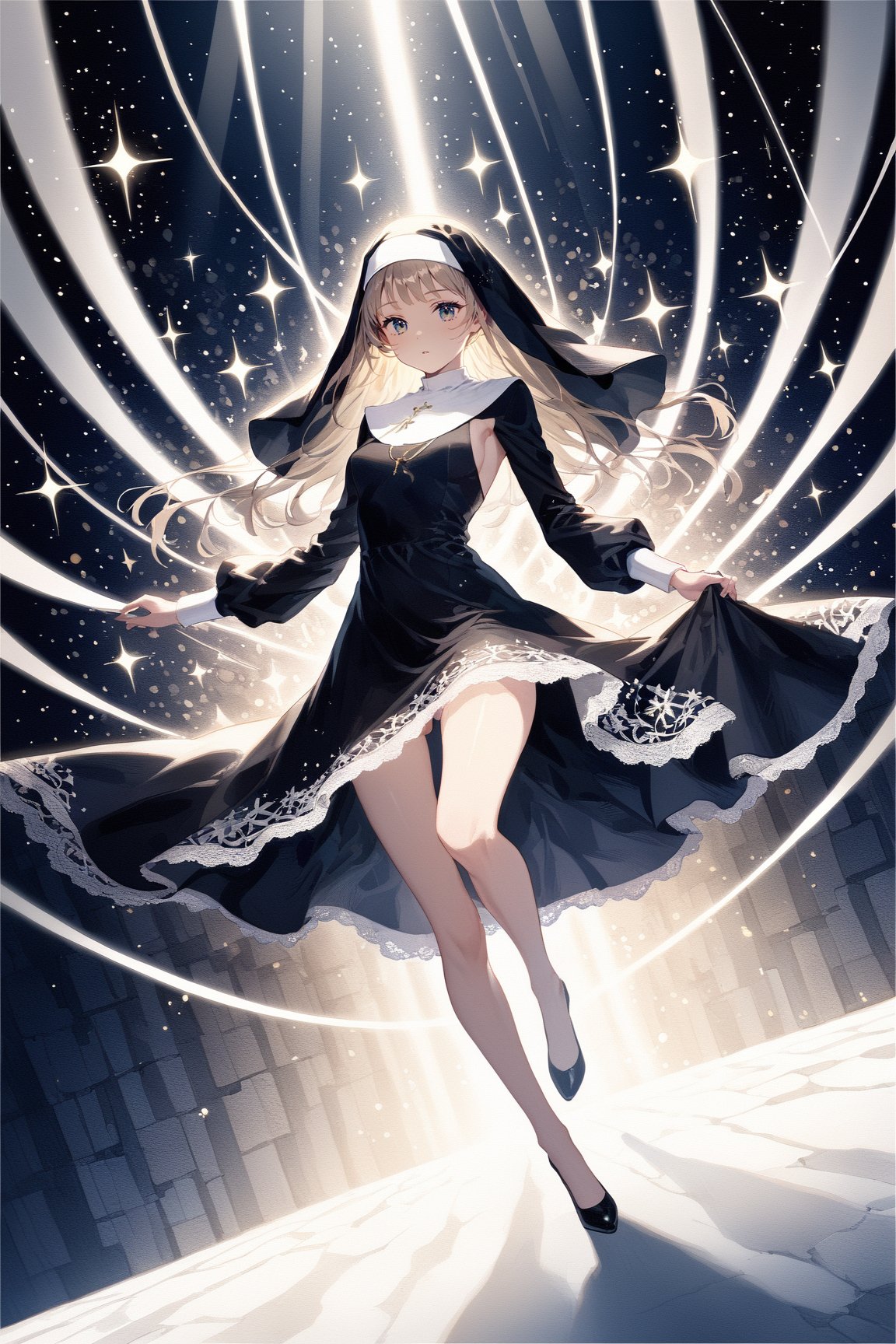 masterpiece, best quality, aesthetic,a nun,bright eyes,lace,floating sensation,Sideboob,holding the hope,stars,particle effects,extreme lighting and shadows,the boundary between light and shadow,highleg