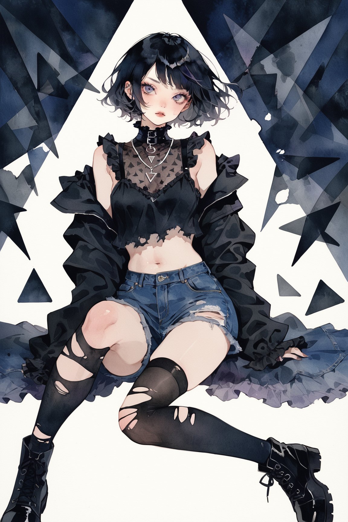 a goth girl,solo,bob haircut,black hair,fit physique,toned,doyagao,off shoulder top,high collar,frilled,torn thighhighs,torn denim shorts,boots,gesture,masterpiece, best quality, aesthetic,looking at viewer,triangle sports Background,pop aesthetic,necklace