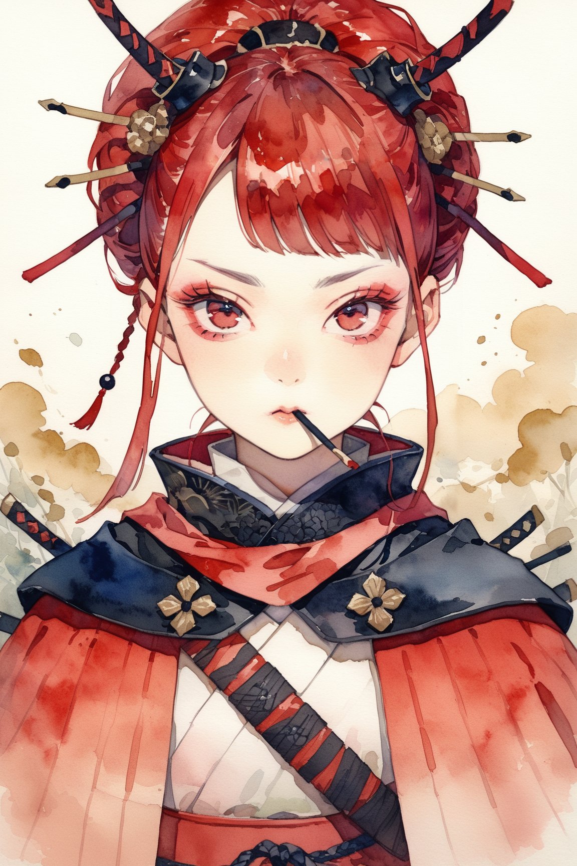 masterpiece, best quality, aesthetic,a woman,hair stick,light red hair,diagonal bangs,cape,scarf over mouth,dutch angle,samurai,portrait,watercolor \(medium\),straight eyebrows