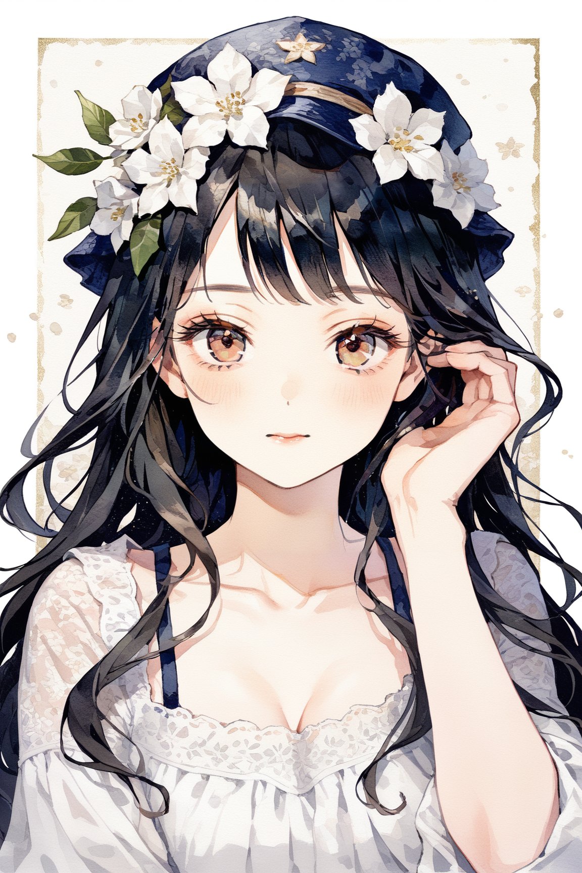 masterpiece, best quality, aesthetic,a gentle woman,((black lang hair)),amber eyes,hair tie,ribbon-trimmed headwear,hair strand,jasmine flower,impasto style,looking at viewer,traditional media,hand in own hair,vector,illustration