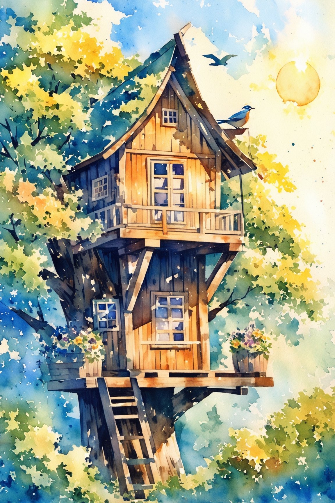 A wooden house in a tree,The sun is shining,Flowers,bird,watercolor (medium),glow,watercolor \(medium\)