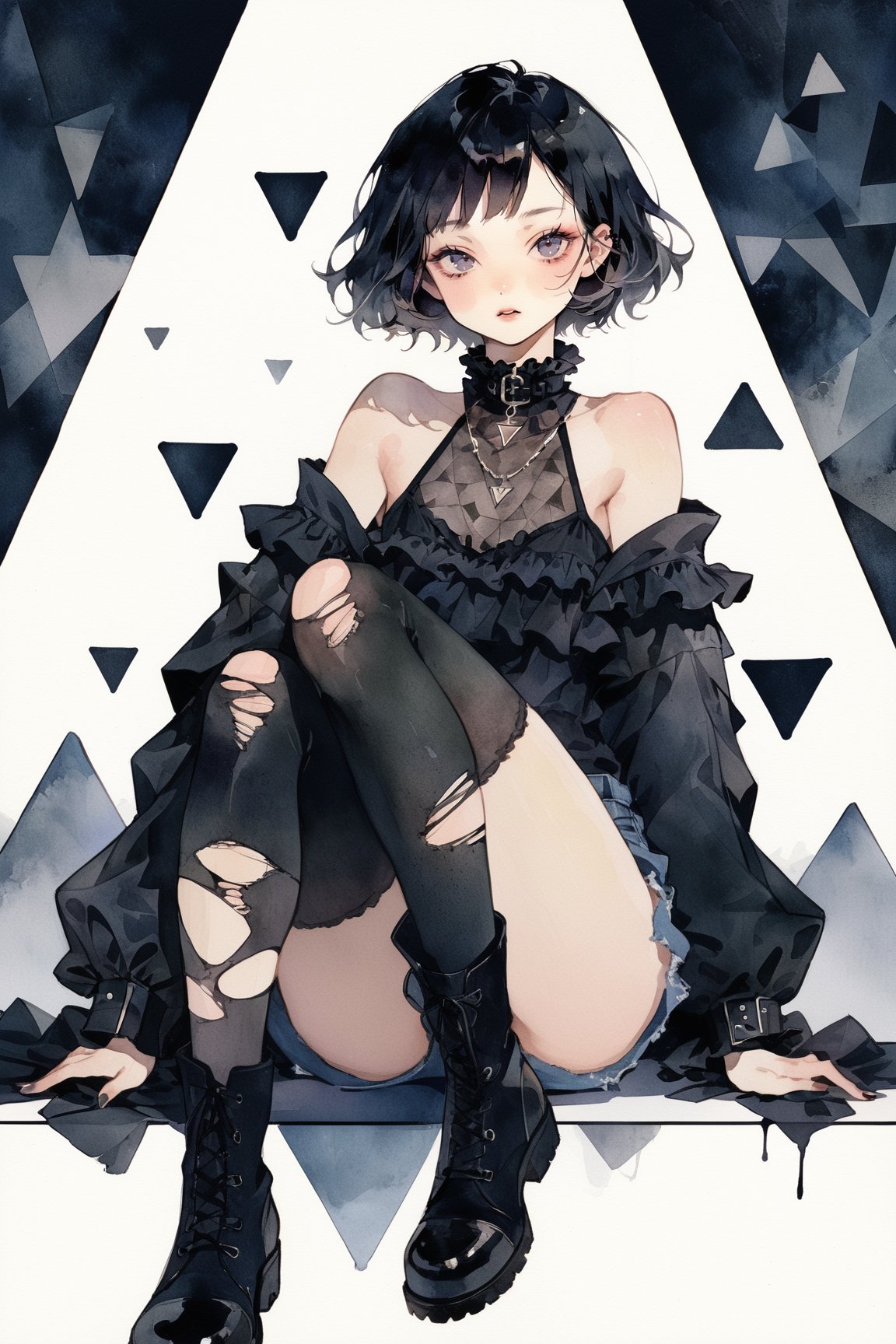 a goth girl,solo,bob haircut,black hair,fit physique,toned,doyagao,off shoulder top,high collar,frilled,torn thighhighs,torn denim shorts,boots,gesture,masterpiece, best quality, aesthetic,looking at viewer,triangle sports Background,pop aesthetic,necklace