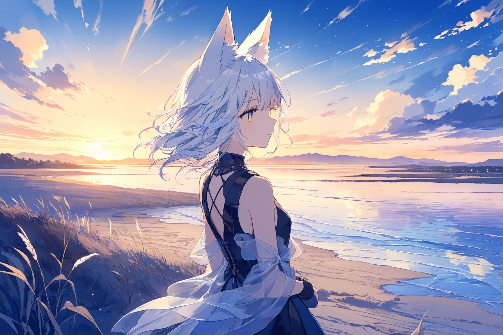 masterpiece, best quality, aethetic,The Faraway Land Beyond,Reed Sea,Sky of Day and Night Blended,The End of Time,A lovely girl,Long light white hair,fox ear,from behind,f/8,120mm,Environmental portrait,Candid,Panoramic view