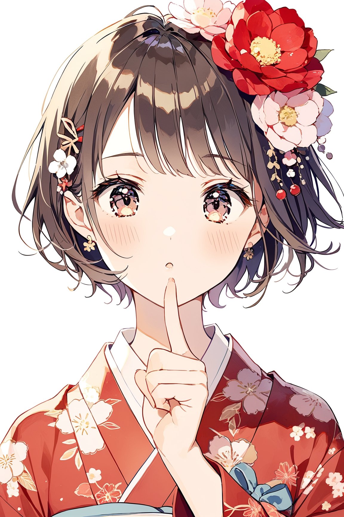 a cute girl,(((lovely))),confused,dark brown short hair BREAK red flower hair ornament BREAK red kimono,striking a pose with index finger on the chin, indicating confidence or feeling suave,:d,natural light,dangle earrings,flower hairpin,blush,Mid-shot,masterpiece, best quality, aethetic