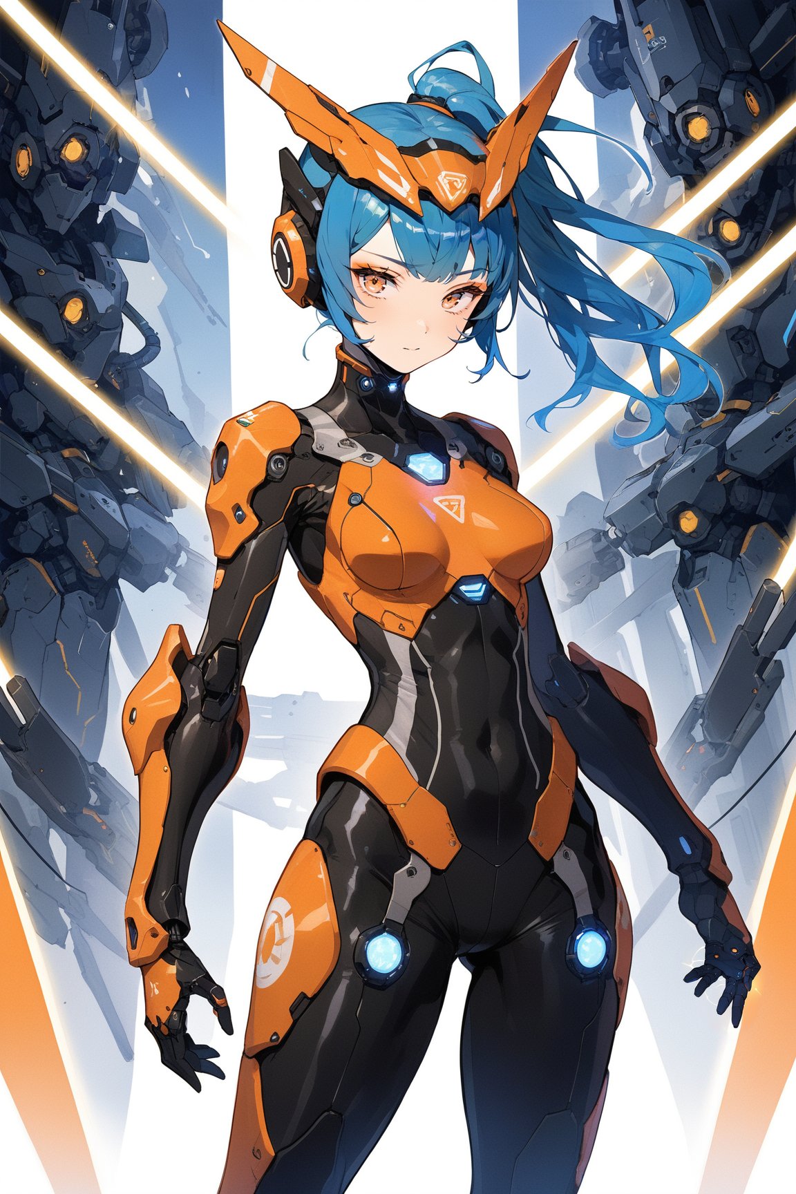 A female mecha pilot,black and orange Tight-fitting pilot suit,blue Ponytail,blue hair,,Thick bangs,Socket,Neural interface,Visual information,Initiate,masterpiece, best quality, aesthetic,glow,LED strip,EL