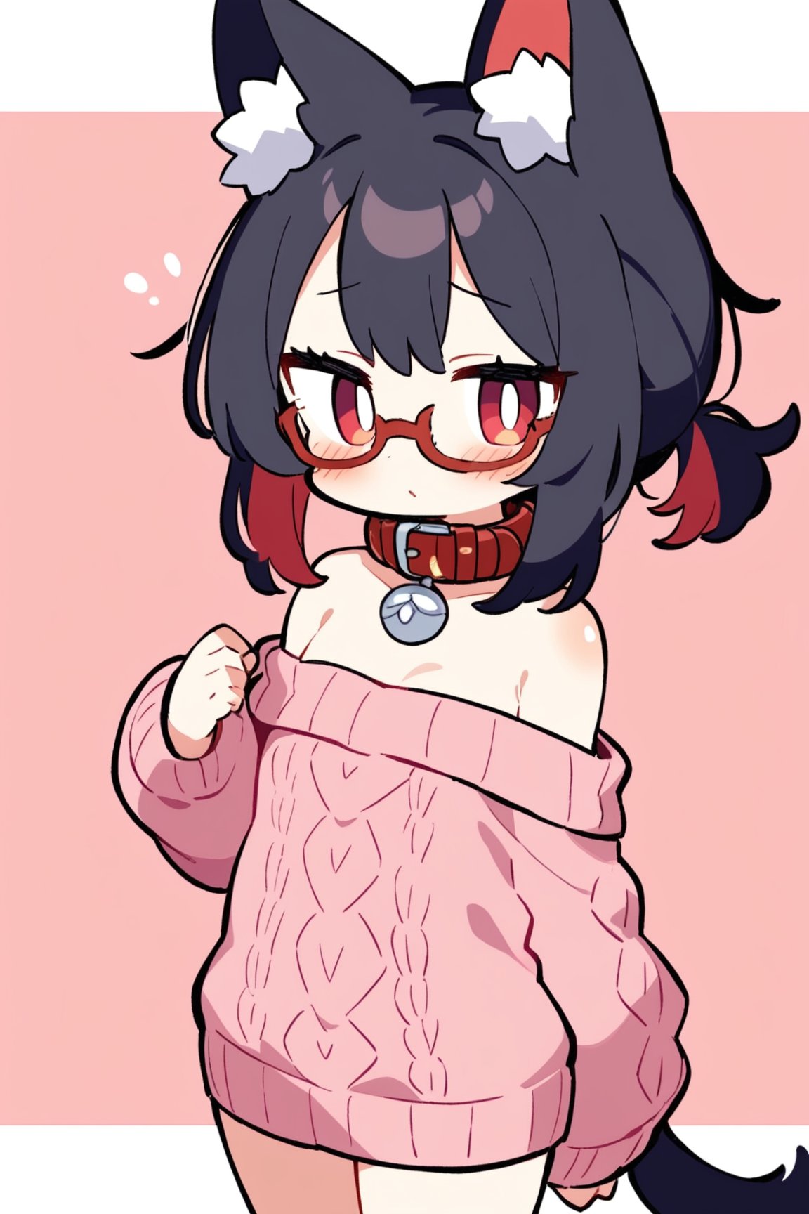 masterpiece, best quality,pokemon,Mew and girl,Tekeli,black fox ears,animal ear fluff,black fox tail,black hair,red inner hair,short ponytail,sidelocks,(red eyes:1.3),red_glasses,fashion,cat_collar,blush,off-shoulder sweater,flat chest,otoko no ko,pet