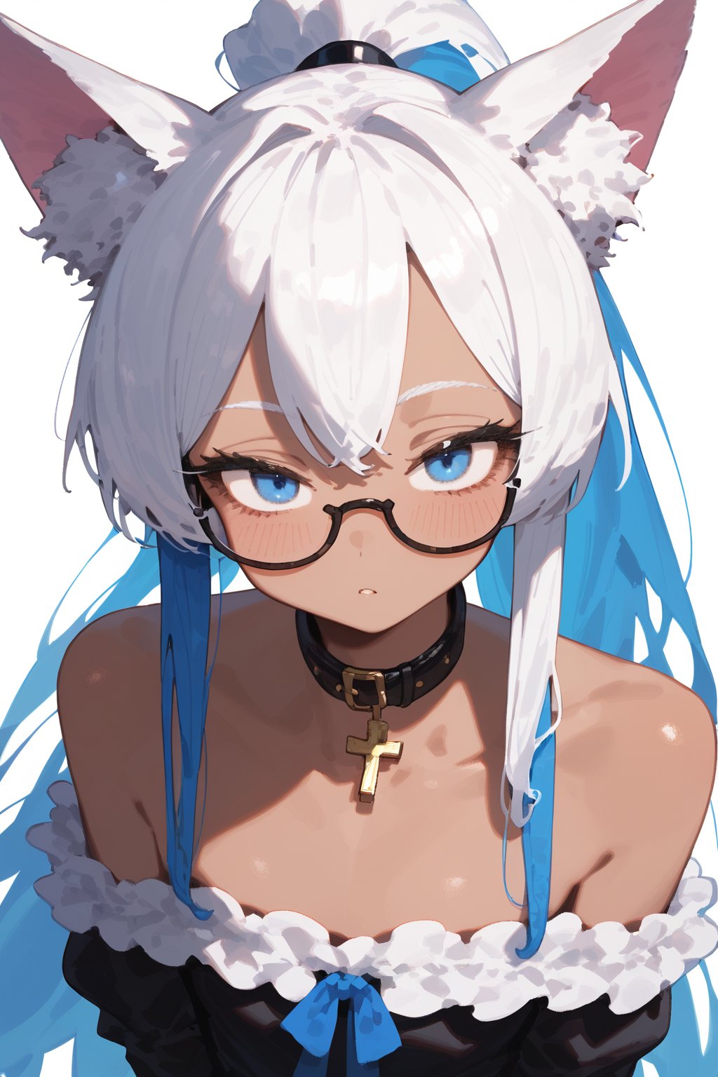 score_9, score_8, score_7,masterpiece, best quality,Tekeli,white fox ears,animal ear fluff,white fox tail,white hair,blue inner hair,long ponytail,sidelocks,((white eyelashes)),(blue eyes:1.3),blue_glasses,fashion,crucifix_collar,blush,off-shoulder,flat chest,otoko no ko,((tanned skin,wheatish complexion,dark skin))