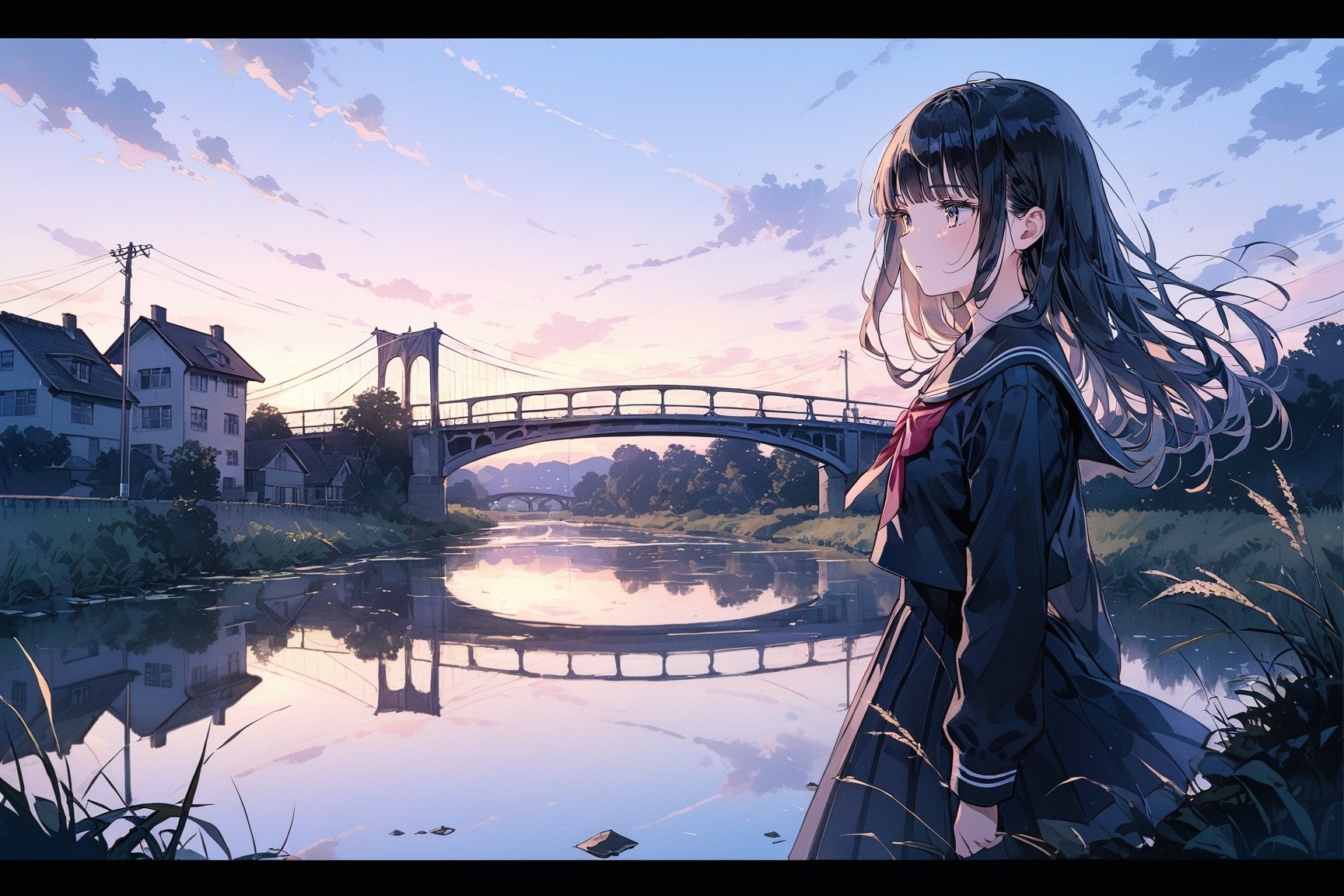 masterpiece, best quality, aesthetic,A Gentle girl,High school girl,black_smooth straight hair,jkseifuku,dusk,riverbank,bridge,wind,scenery,blunt bangs,scenery