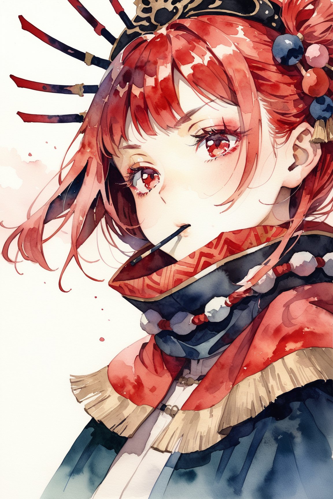 masterpiece, best quality, aesthetic,a woman,hair stick,light red hair,diagonal bangs,cape,scarf over mouth,dutch angle,samurai,portrait,watercolor \(medium\),straight eyebrows