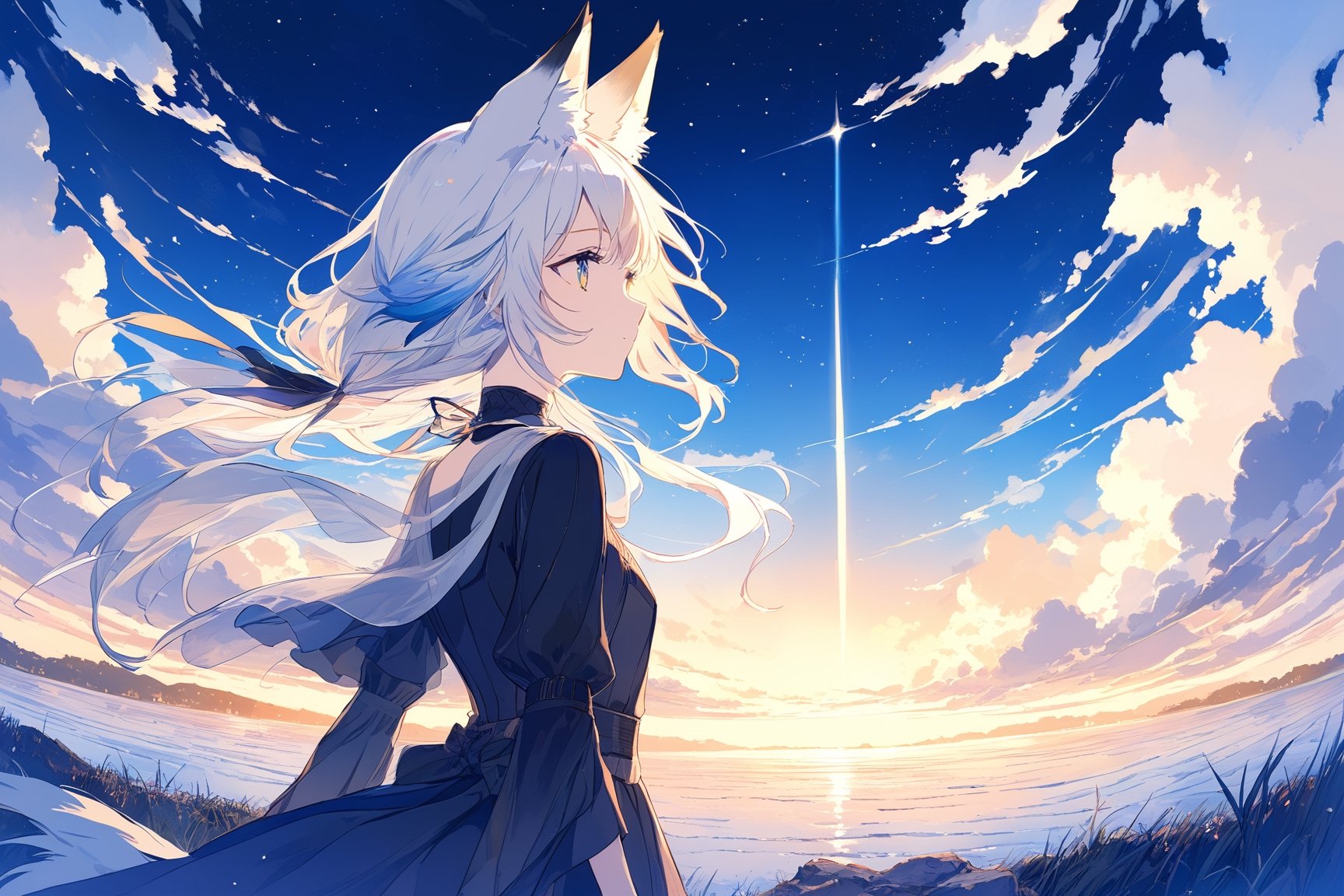 masterpiece, best quality, aethetic,The Faraway Land Beyond,Reed Sea,Sky of Day and Night Blended,The End of Time,A lovely girl,Long light white hair,fox ear,from behind,f/8,120mm,Environmental portrait,Candid,Panoramic view