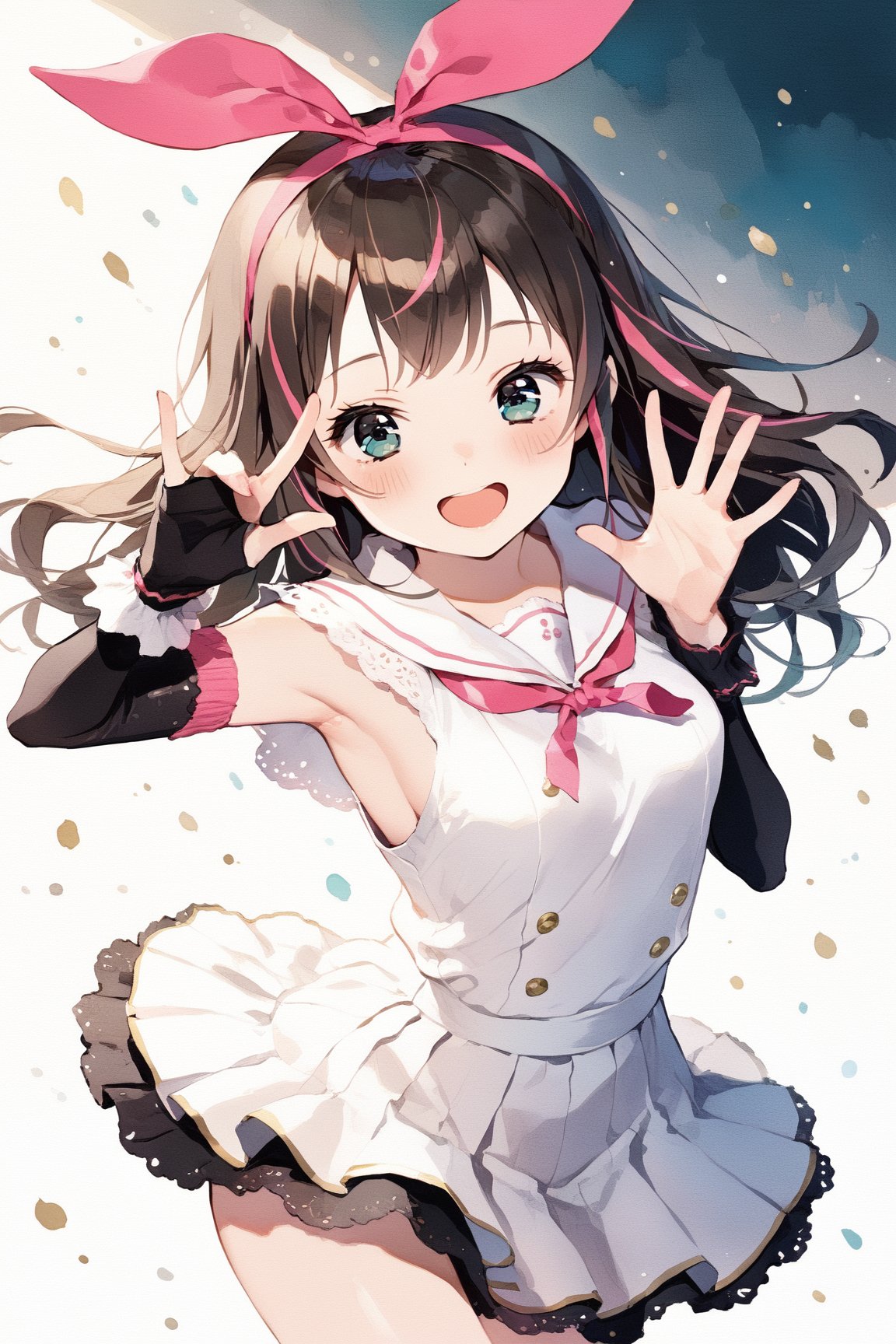 masterpiece, best quality, aesthetic,1girl,solo,((Kizuna AI)),brown hair,pink hair band,aqua_eyes ,arm warmers,laughing