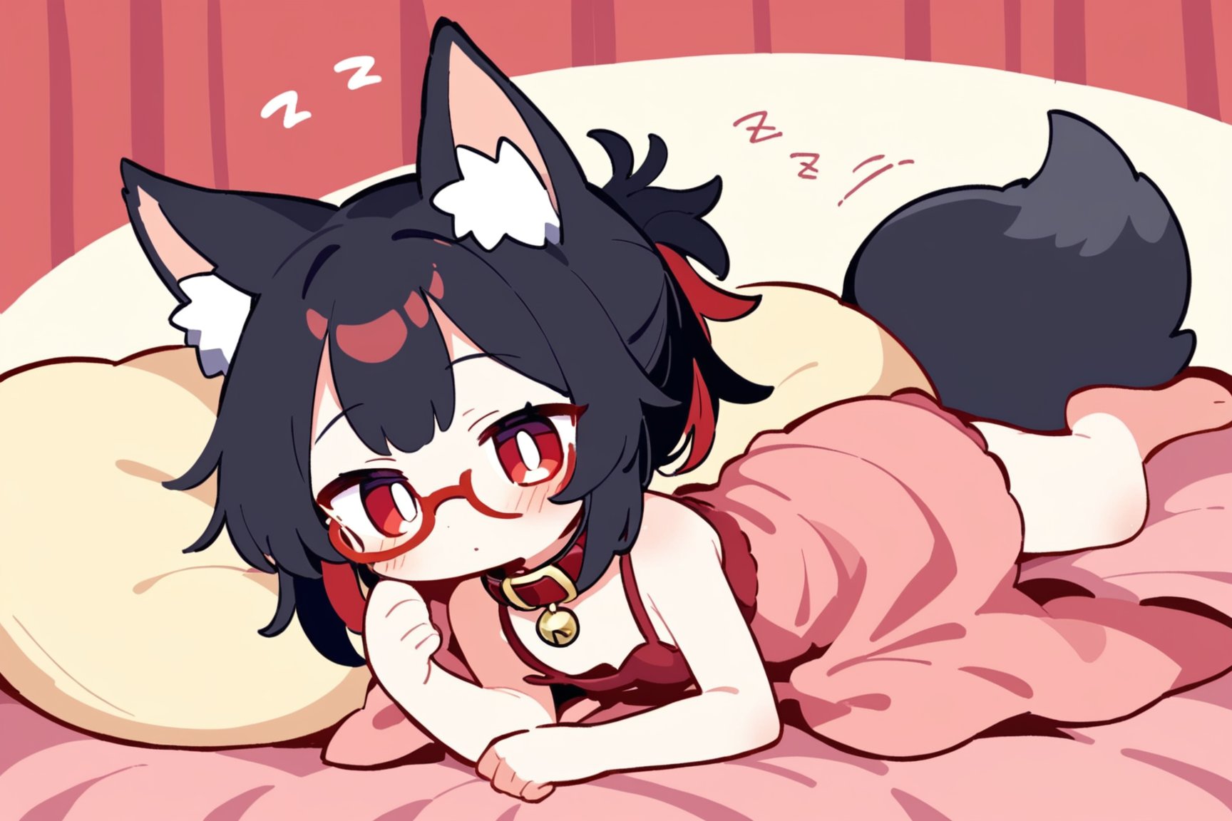 masterpiece, best quality,Tekeli,black fox ears,animal ear fluff,black fox tail,black hair,red inner hair,short ponytail,sidelocks,(red eyes:1.3),red_glasses,fashion,cat_collar,blush,flat chest,otoko no ko,sleepwear,sleeping,bed,night,zzz