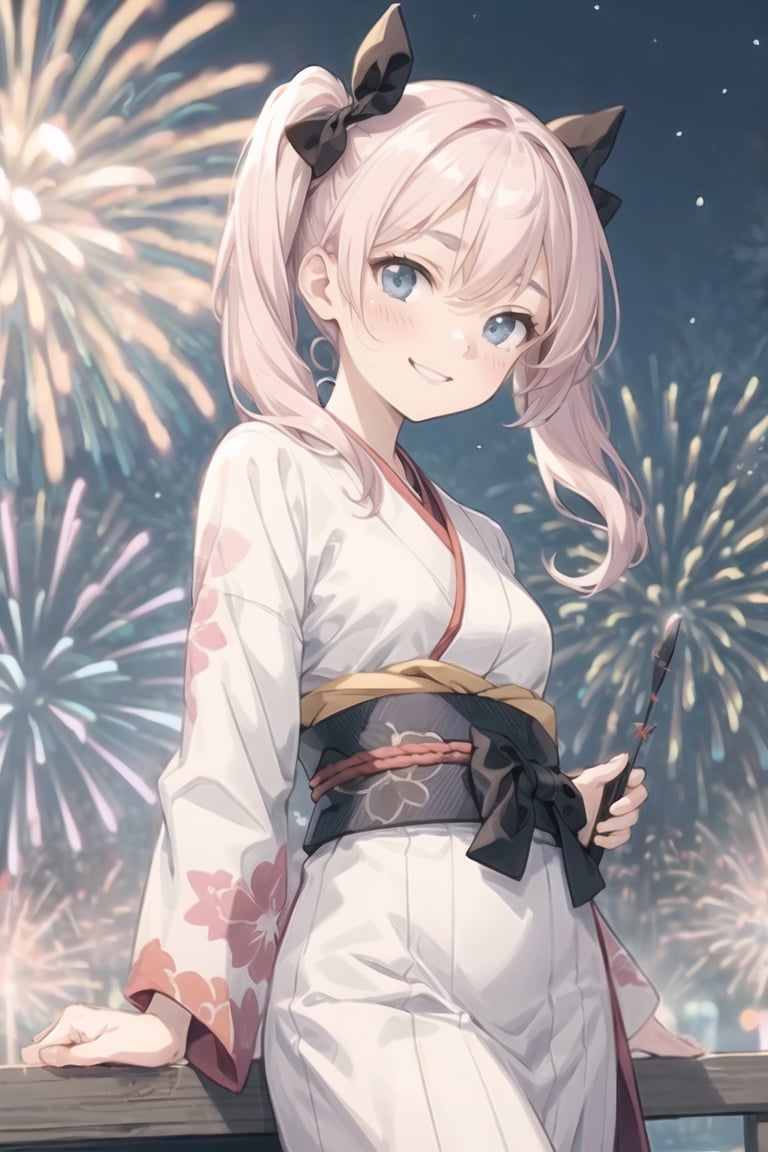 masterpiece,High resolution,Pretty girl,（Pale pink twintails1.2）,Black bow headband,Thin eyebrows,light blue eyes,（celebration kimono：1.4）,Long skirts,Touched smile,Facial flushing,（Review：1.2）,（night：1.6）,（firework：1.4）,Fireworks evening,depth of field