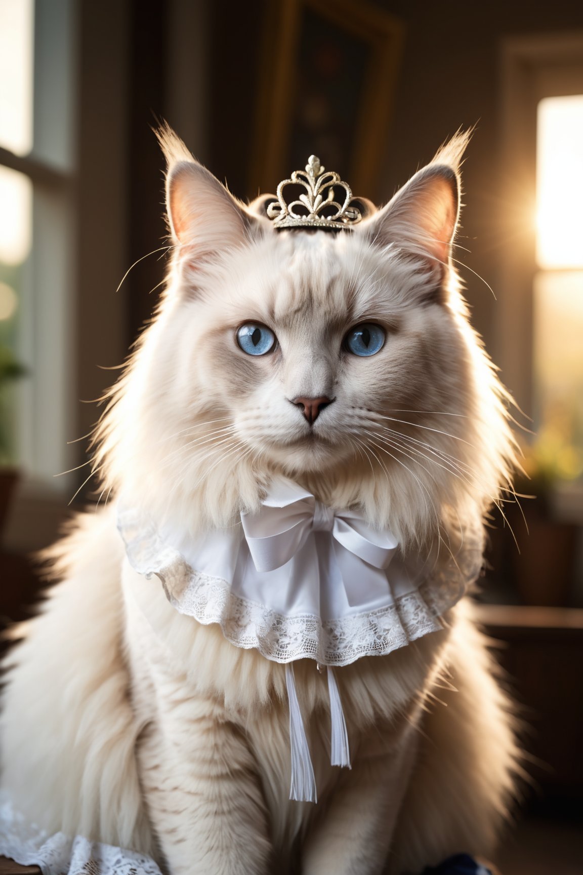 A Ragdoll cat wearing,Colorpoint Ragdoll,maid lace headdress,highly detailed, photorealistic, vibrant, immersive, fantasy setting,indoors,natural light,well-lit,dusk,Vintage filter