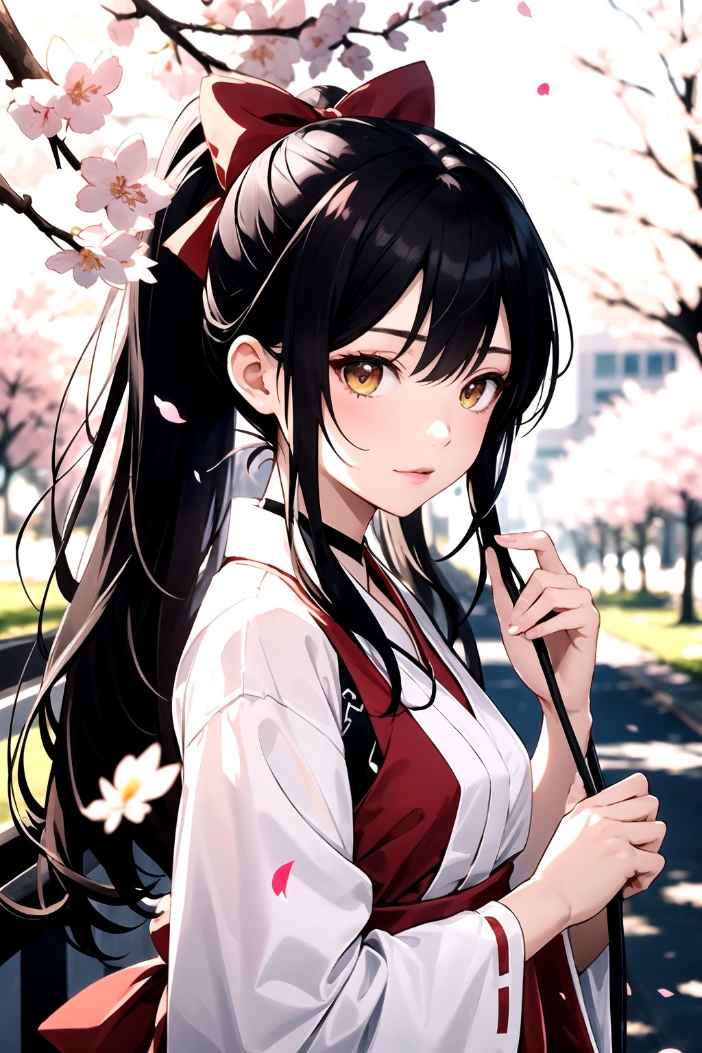 A mature girl,black ponytail holder,red eyeshadow,masterpiece,absurdres,best quality,miko,nontraditional miko,sakura tree,hair bow,scattered petals,bokeh,blurry foreground,1girl